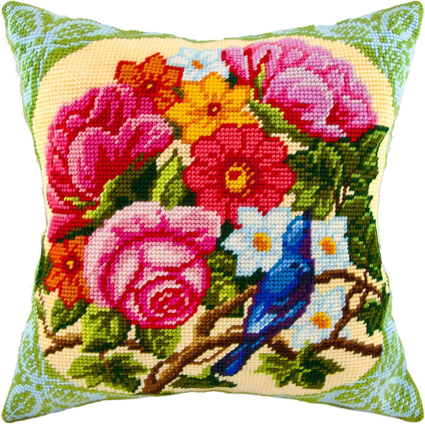 Brvsk Floral Stamped Cross-Stitch Kit for Adults and Beginners — Nightingale in Flowers 16″ × 16″ with Clear, Precise Printed Design on Cotton Canvas; Includes 2 Needles, Yarn, and Easy-Read Chart