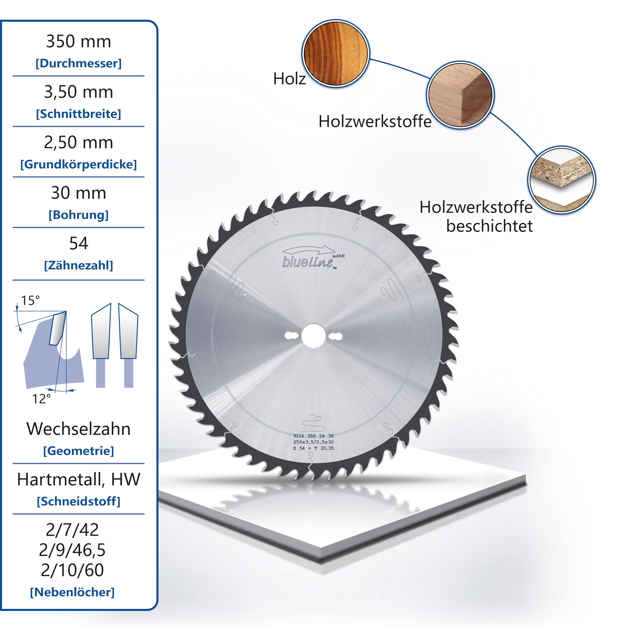 AKE blueline Kreissägeblatt | 350x30 Z54 Wechselzahn, Hartmetall | mittel-feiner Schnitt | für Holz, Holzwerkstoff, Holzwerkstoff beschichtet | auf Formatkreissäge, Tischkreissäge