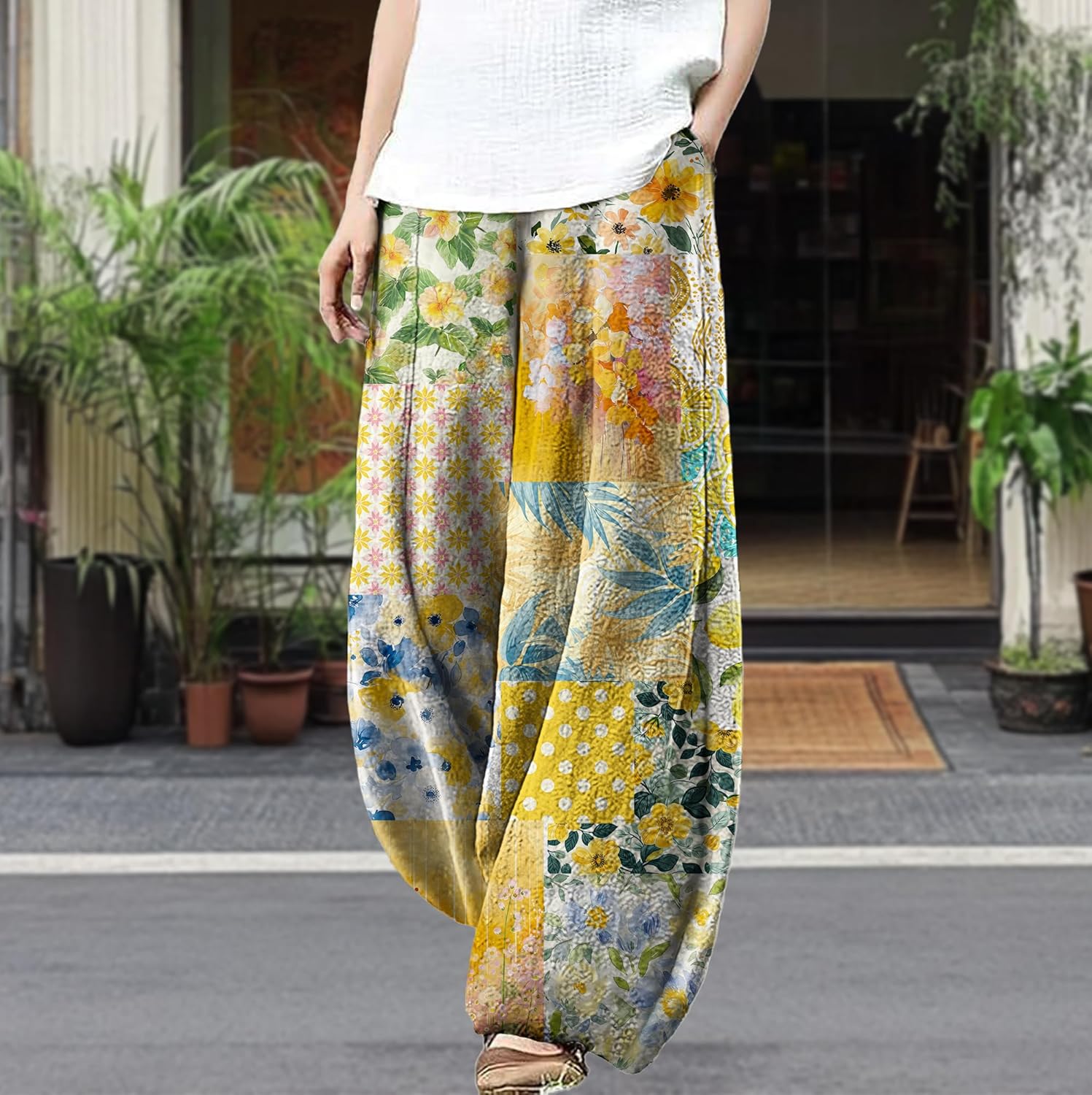 Wide Leg Patchwork Pants for Women Dressy Casual Palazzo Pants Plus Size Elastic Waist Lantern Harem Pants - Image 2
