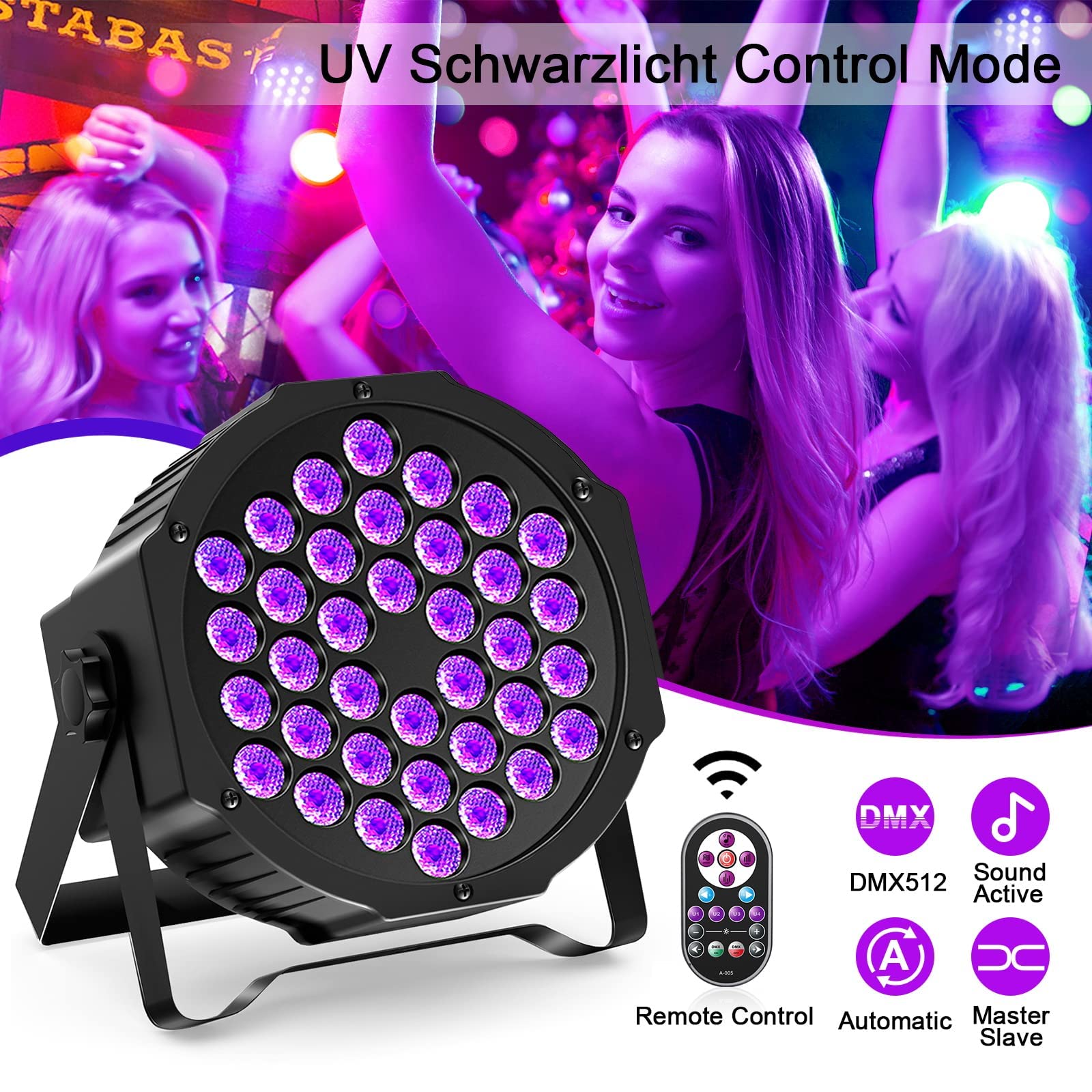 2er UV Schwarzlicht, UKing 36 LED UV Beleuchtung Par Lampe Lichter mit Fernbdienung und DMX512 Steuerung 7 Modi Sound Aktiviert Großartig für Bar DJ Disco Club Party Licht