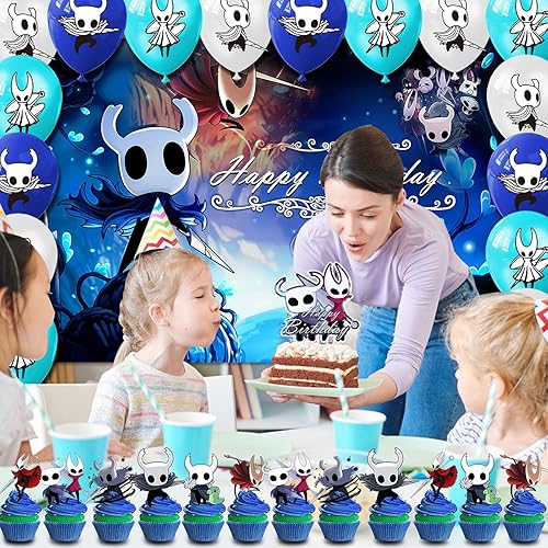 Miniatura 7 de Decoración hueca para fiesta de cumpleaños, incluye telón de fondo de fiesta temática de caballero de 5 x 3 pies, decoración de pastel, globos de