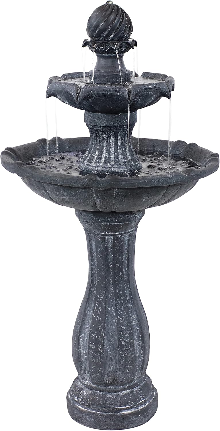 Sunnydaze 45-Inch 2-Tier Arcade Outdoor Solar Water Fountain - Outdoor Water Feature with LED Light for Garden, Patio, Yard or Balcony - Black
