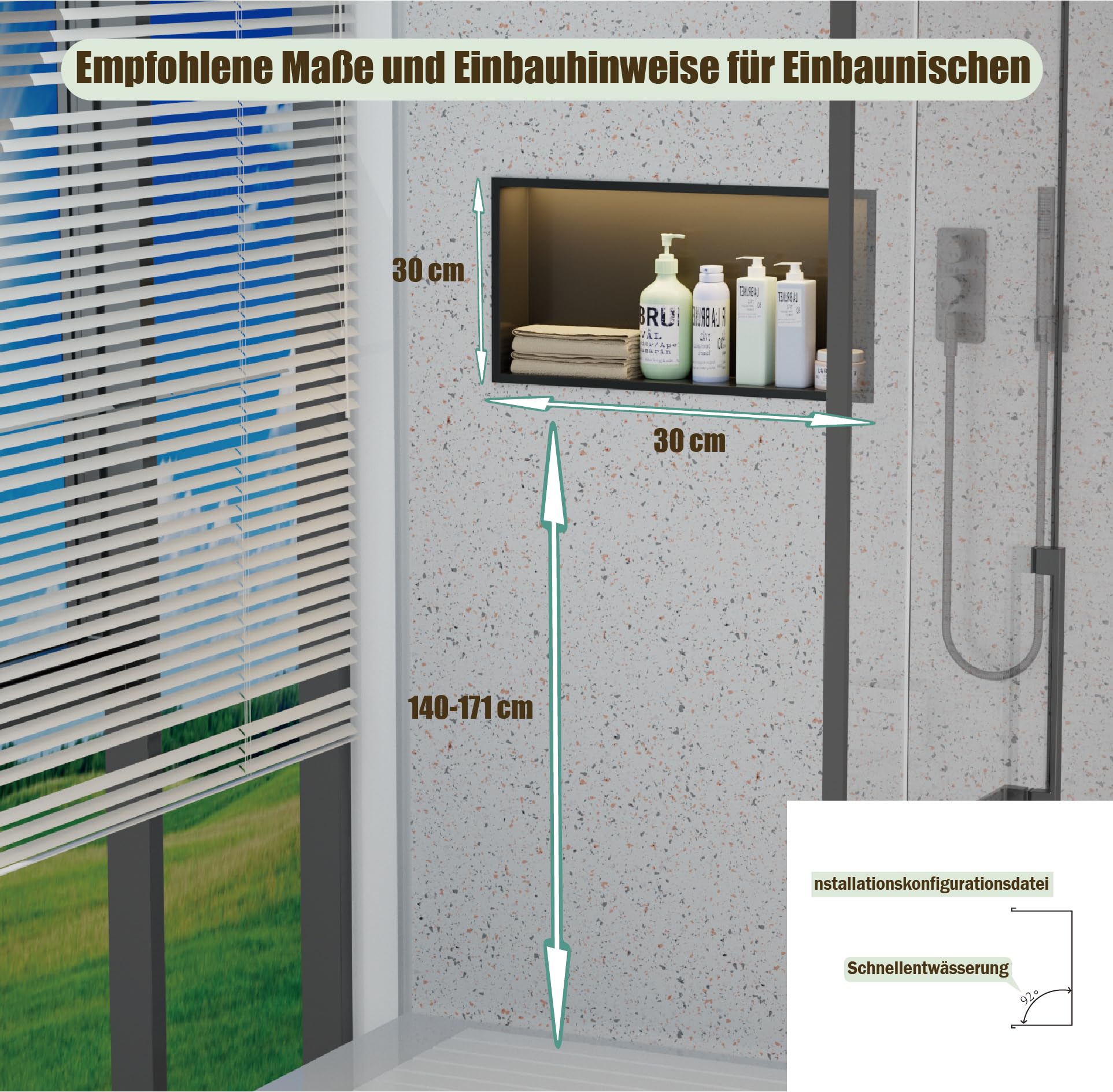 LED Edelstahl Einbaunische Wandnische für Dusche，Integrierte Fliesenlose Duschablage aus Rostfreiem Edelstahl, Badezimmer-Aufbewahrung für Shampoo & Duschgel (Matt schwarz, 60X30cm)
