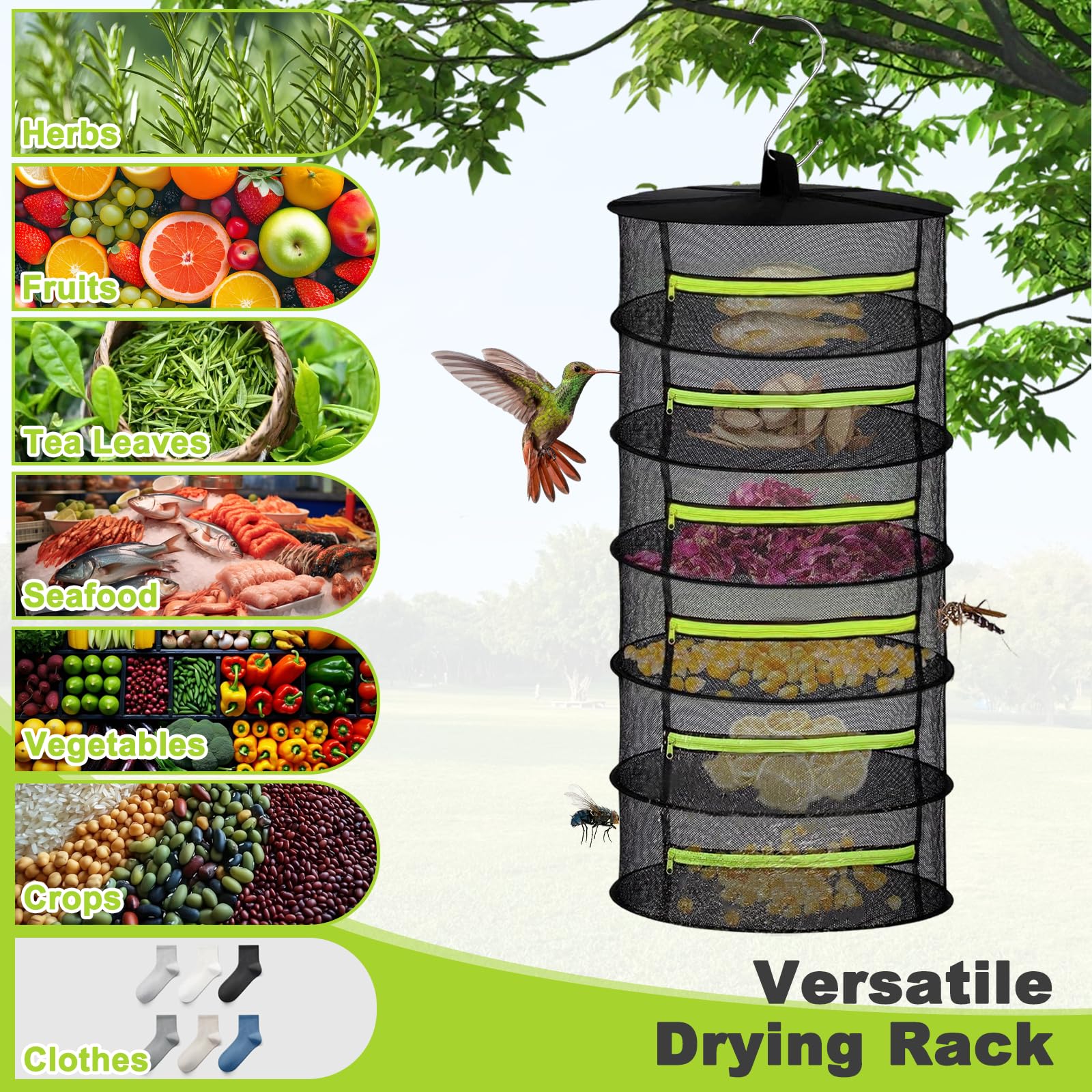 6 Strati Rete Essiccazione con Cerniere, Borsa portaoggetti e Gancio Forma S, D60xH160 cm Rete Essiccazione Erbe Aromatiche Sospeso Pieghevole per Erbe, Fiori, Lampadine, Pesce