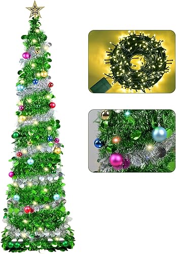 Decoración para árbol de Navidad de 6 pies con temporizador, adorno de 100 LED, funciona con pilas, árbol de Navidad con bolas colgantes, decoración