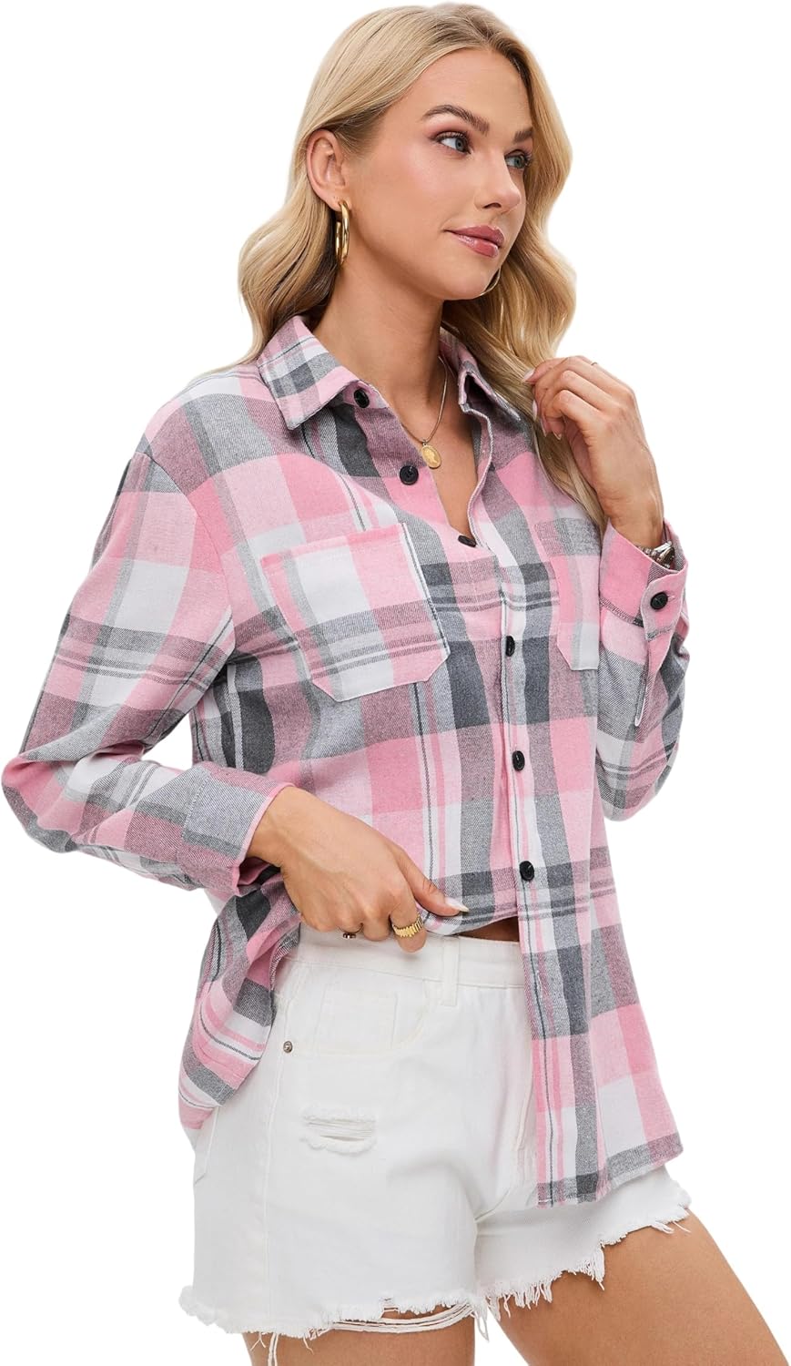 Womens Button Down Plaid Shirts Oversized Long Sleeve Collared Casual Blouse Top - Image 5