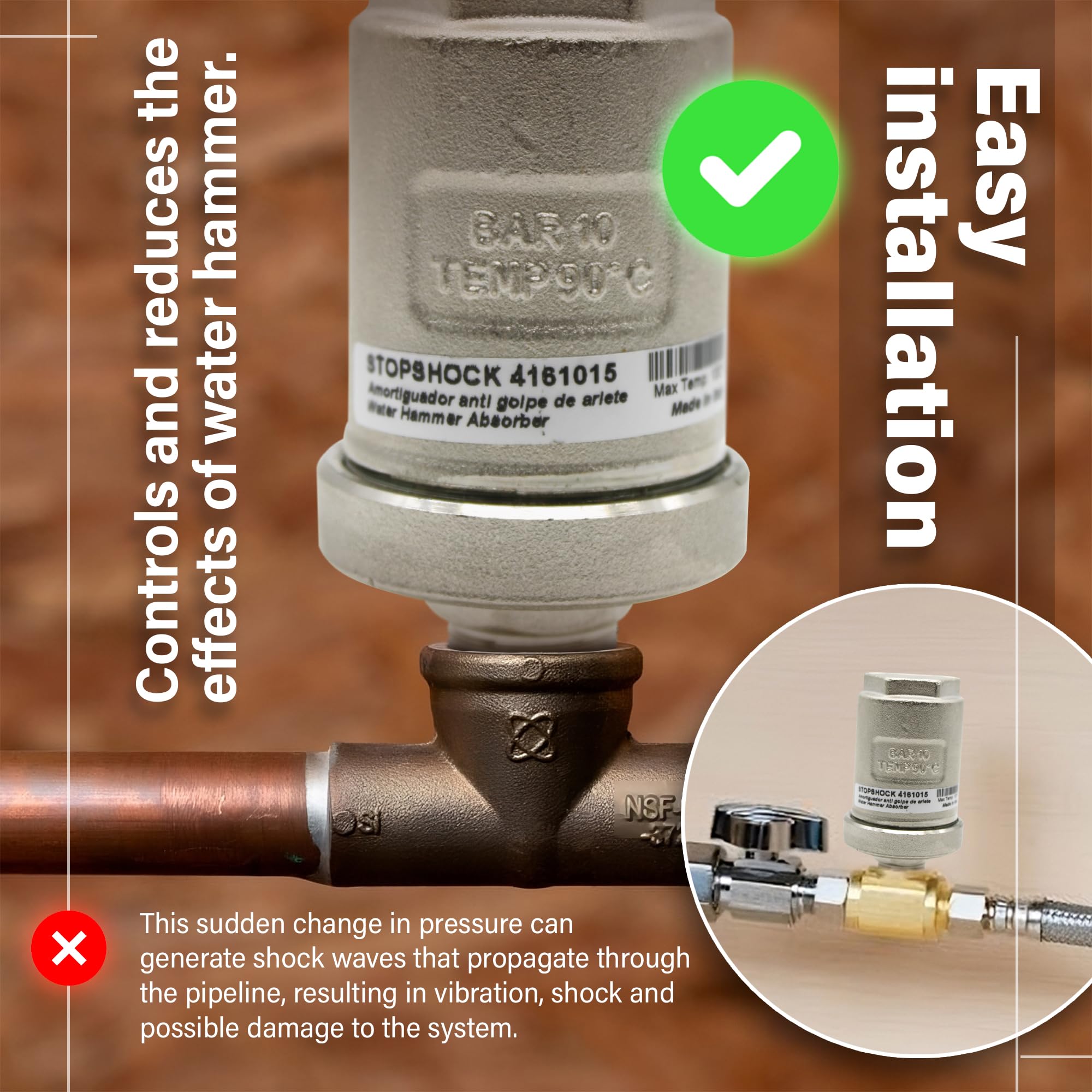 DOJA Barcelona | Amortiguador de Golpe de Ariete | Pack 1 | Amortiguador Ariete 1/2" | Ø51x92,8mm | Latón Niquelado | Reductor Golpe de Ariete | hasta 50mm, Grifo Lavabo, Válvula Ariete Agua