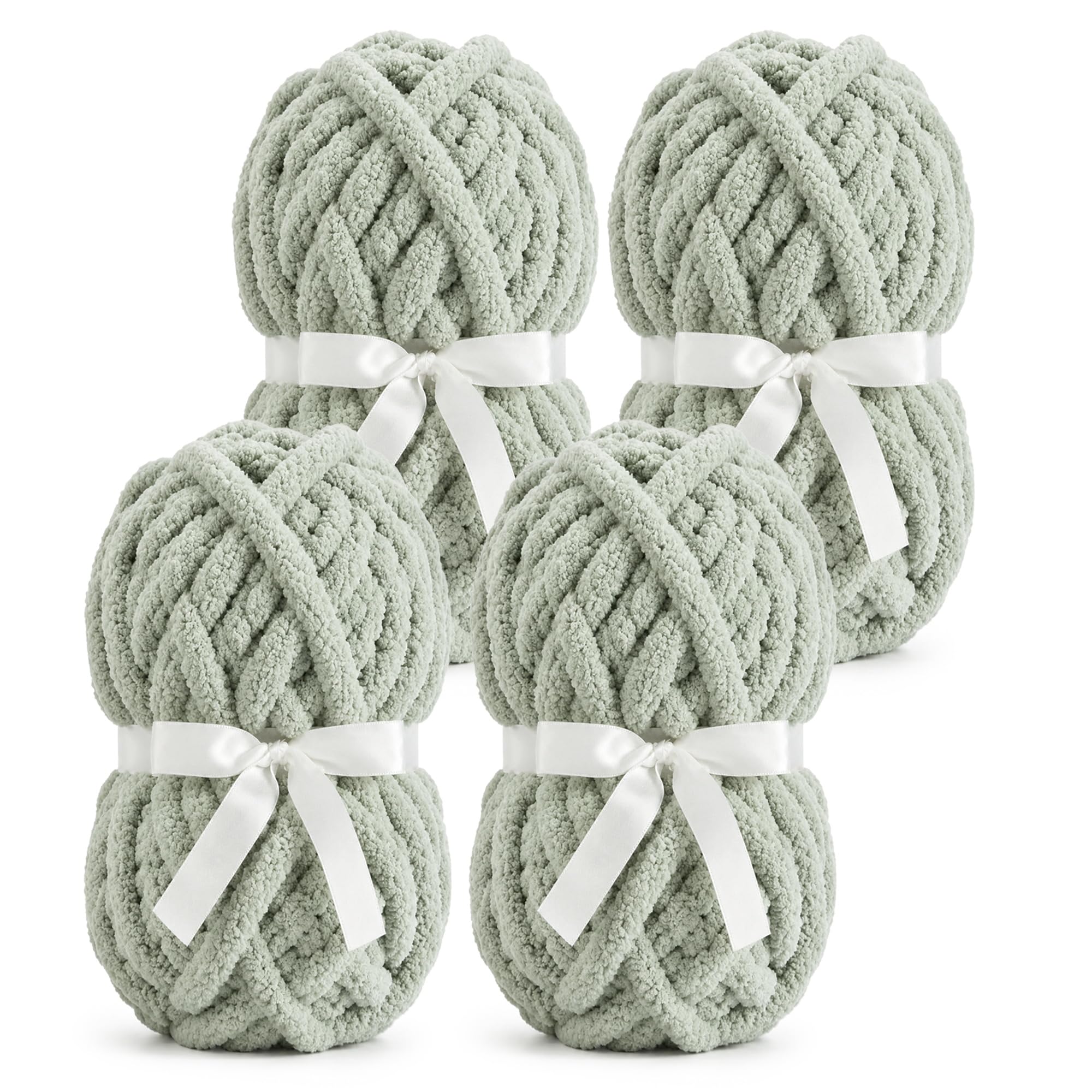 Chunky Chenille Yarn, Super Soft Fluffy Jumbo, 226g Skein, 24m Length, 2cm Diameter, for Hand Knitting and Crocheting, Blankets, Home Decor (4, Sage Green)
