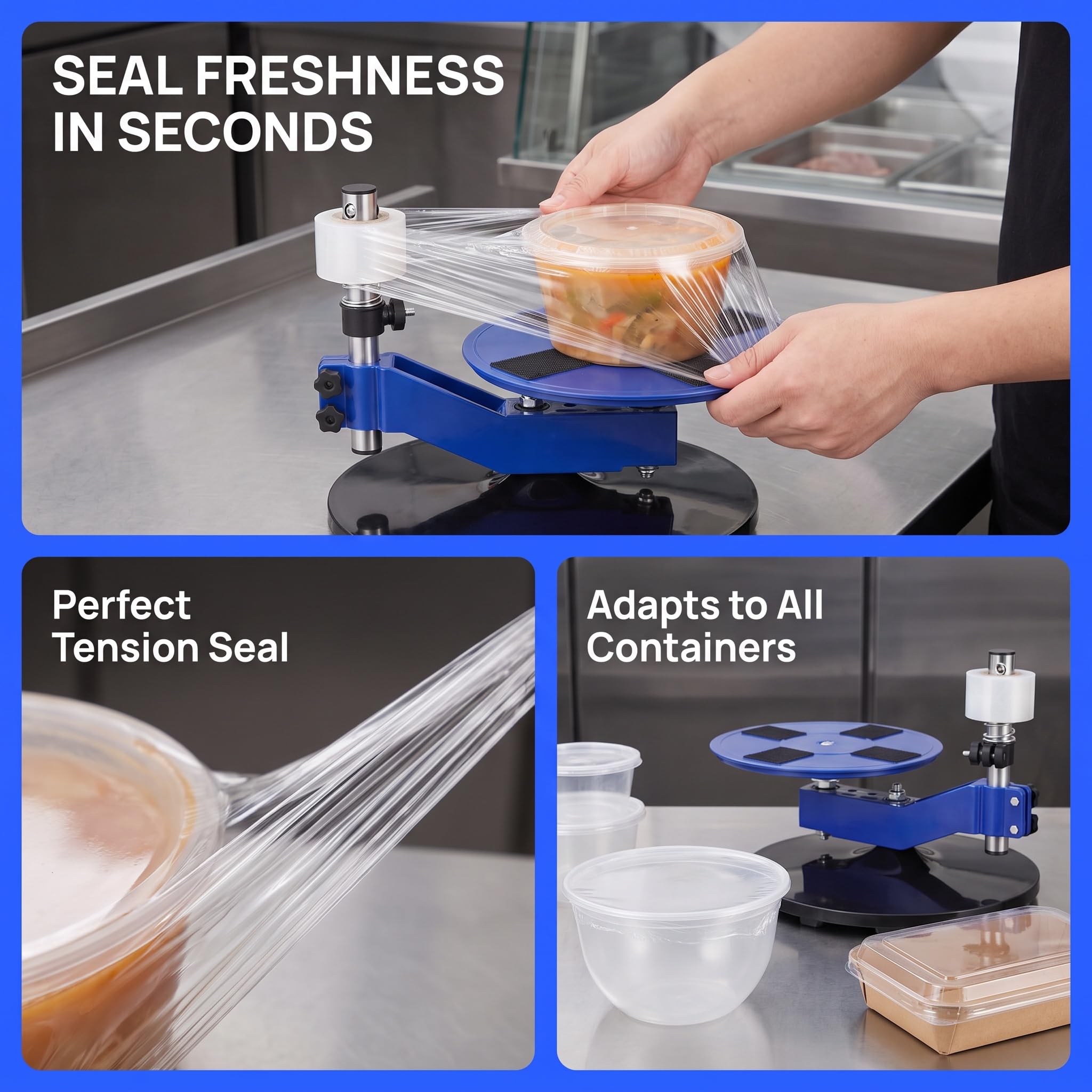 Machine Demballage Manuelle sous Film Étirable, Réglable en Hauteur Et Rotative À 360°, pour Contenants Alimentaires Ronds De 6 À 12 Cm De Diamètre.
