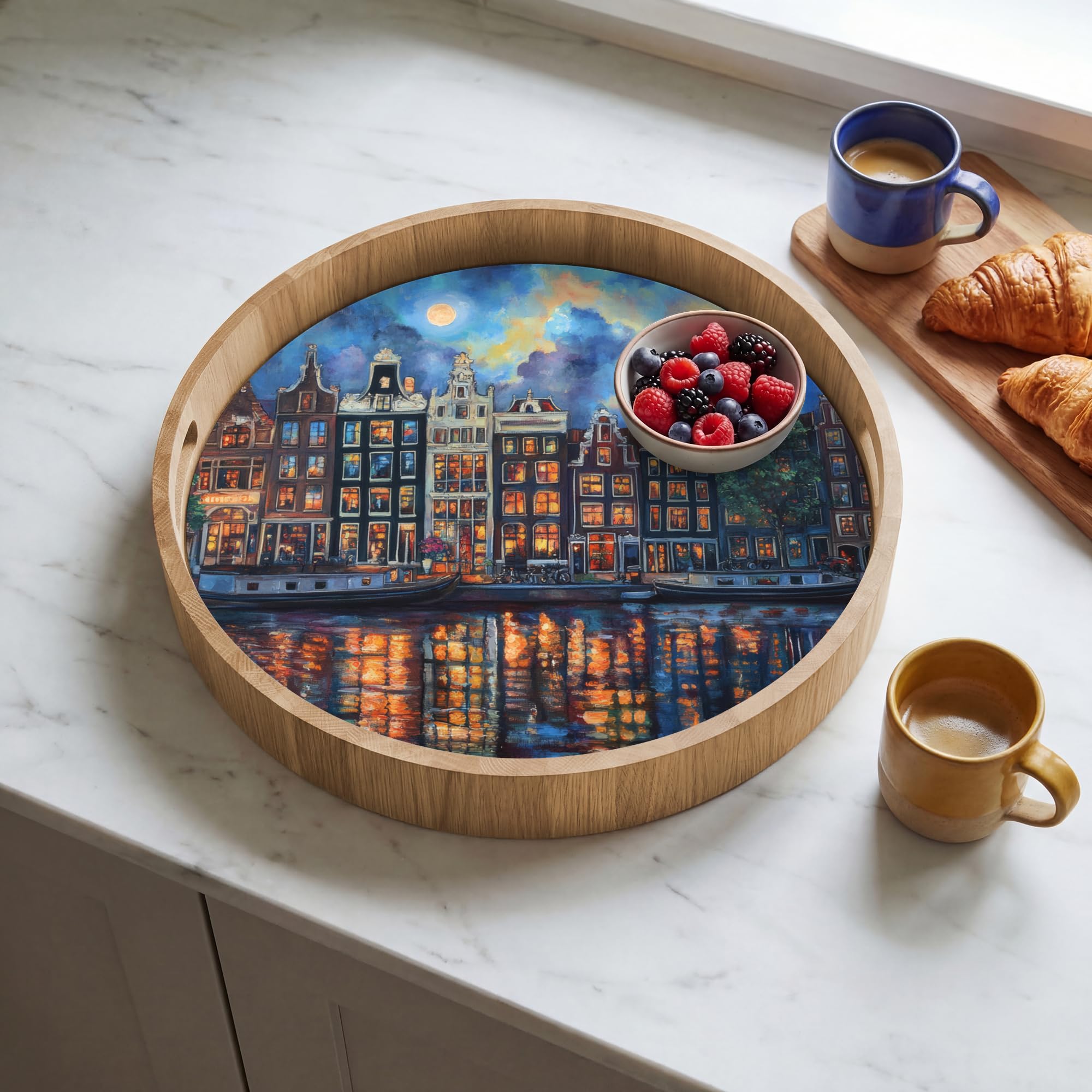 Bandejas De Madera Redonda 40x40 cm Bandeja para Servir Roble Decorativa Resistente A Los Arañazos Tabuleiro Diseño Desayuno Canals Amsterdam - Casas - Ciudad - Colorido