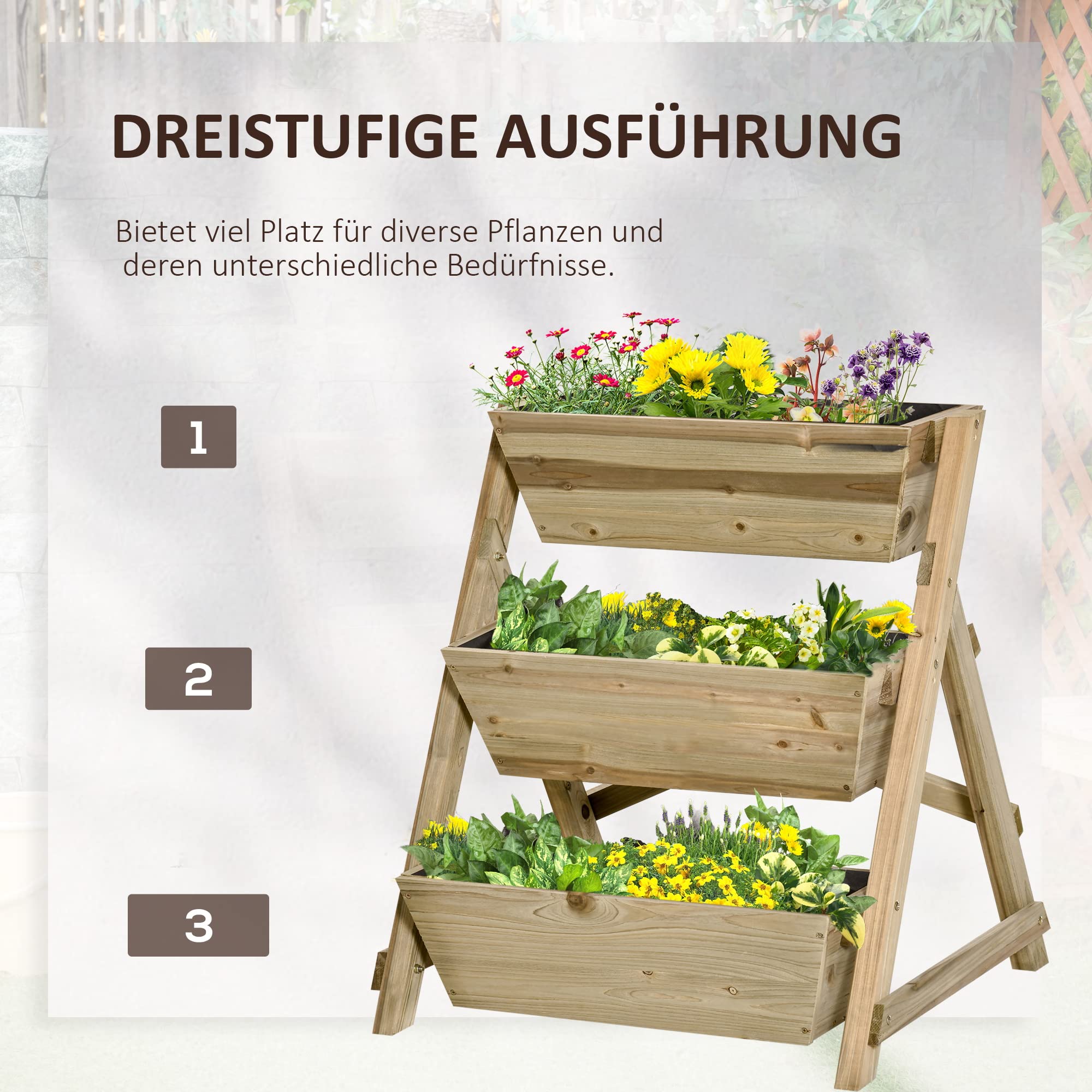 Outsunny Jardinière sur Pieds carré Potager 3 étages 71L x 61l x 77H cm | Inserts d'irrigation, Feutre de Drainage, Bois Sapin Autoclave