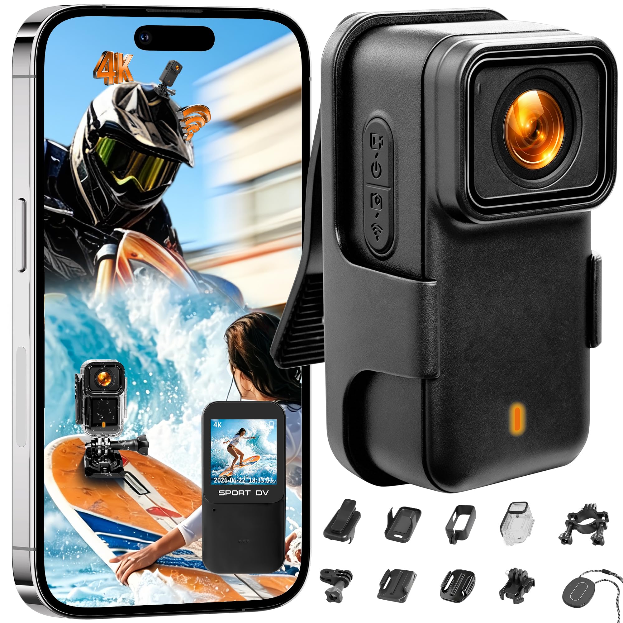 Mini Caméra d'action 4K, Caméra d'action WiFi Étanche | Action Cam Bodycam Magnétique, Mini Camera de Sport, Caméra POV Portable pour Casque Moto Vélo Équitation Ski Sport Running