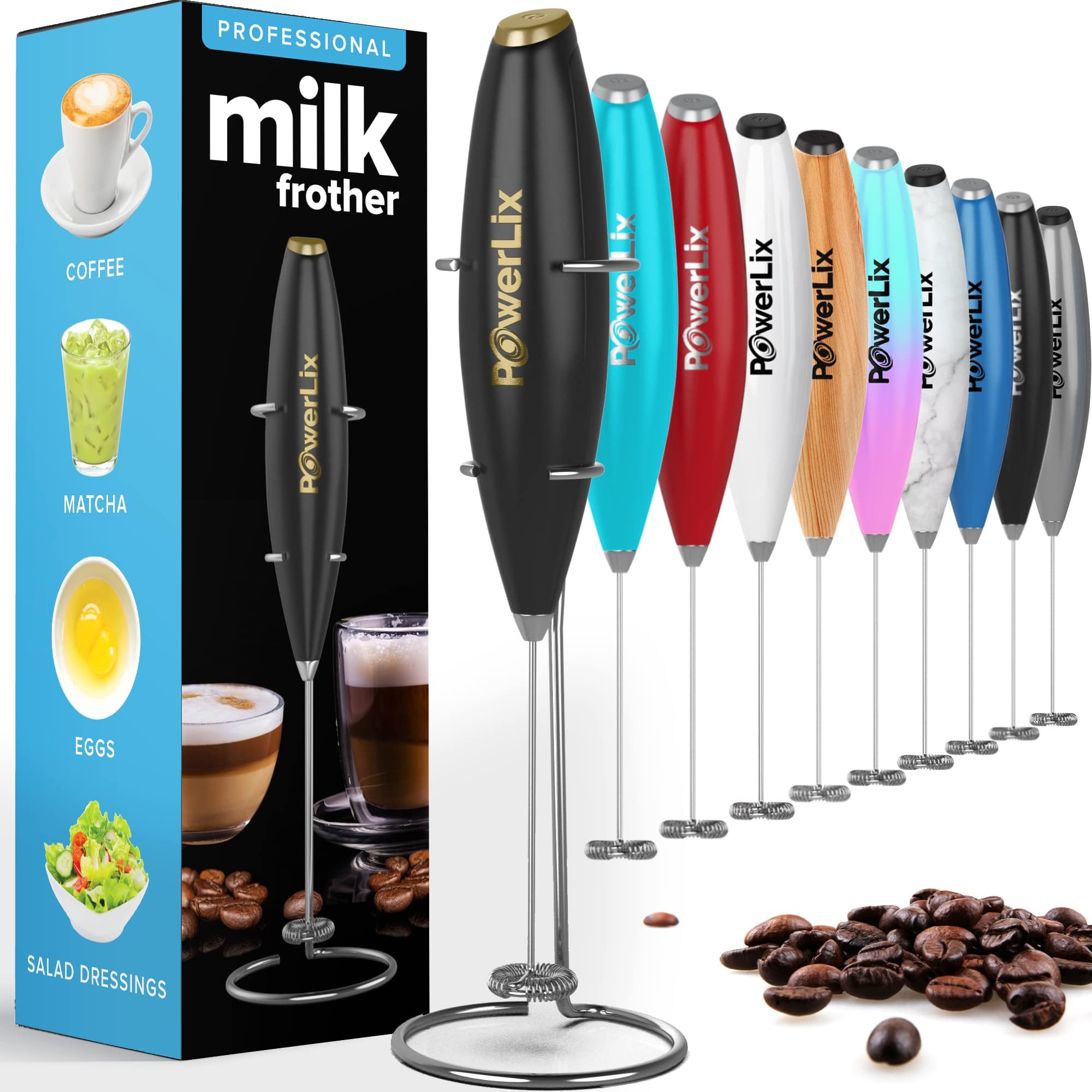 PowerLix Milk Frother Handheld Battery Operated Electric Whisk Foam Maker For Coffee, Latte, Cappuccino, Matcha, Hot Chocolate, Durable Mini Drink Mixer With Stainless Steel Stand Included (RB)