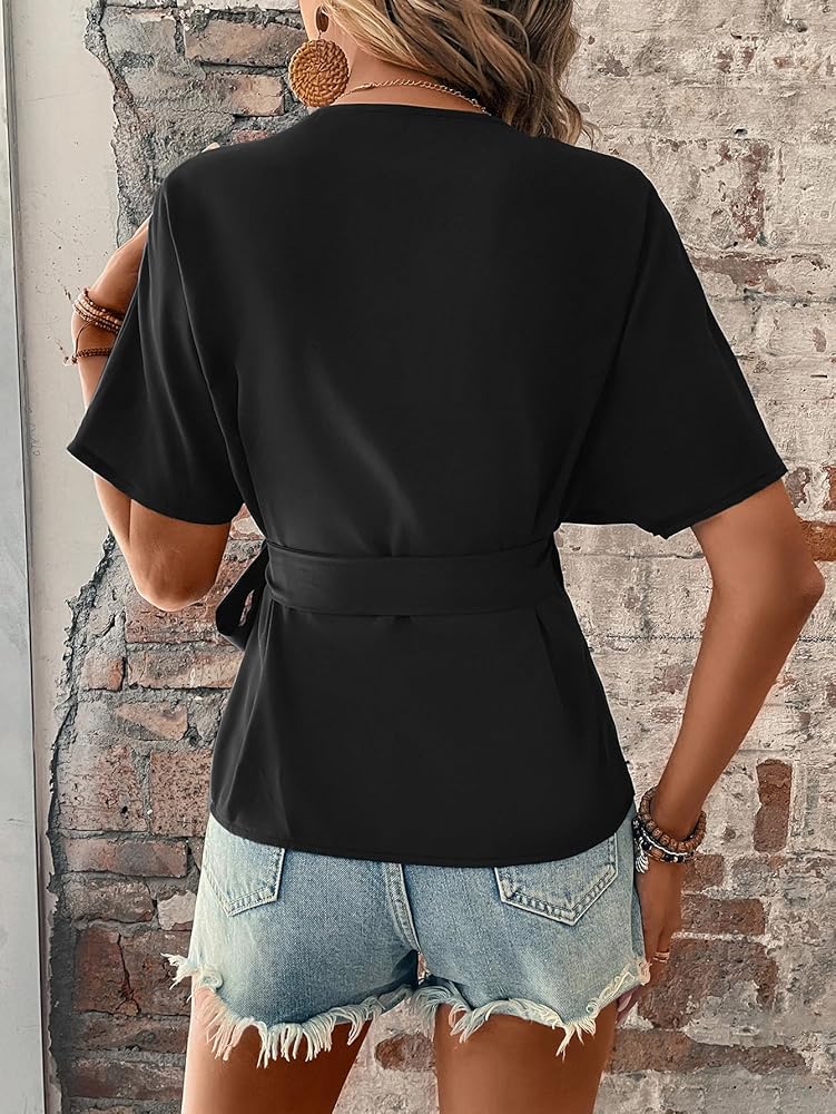 Verdusa Women's Dolman Short Sleeve V Neck Pleated Tie Side Wrap