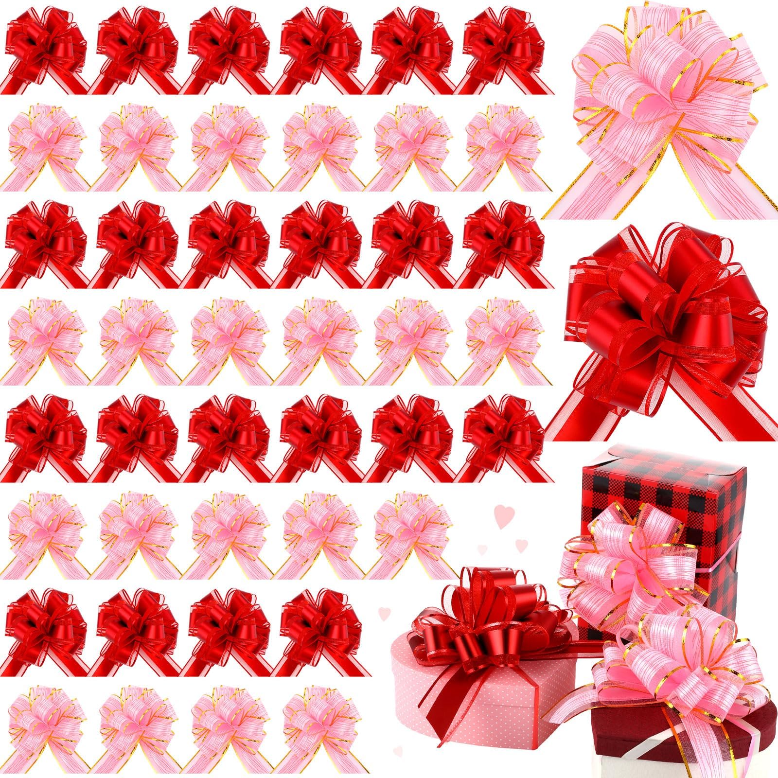 Riceshoot60 Pcs Easter Large Pull Bows Ribbon Gift 6 Inch Gift Wrapping Bows for Valentines Spring Mother's Day Presents Wedding Birthday Party Basket Holiday Decor(Pink, Red)