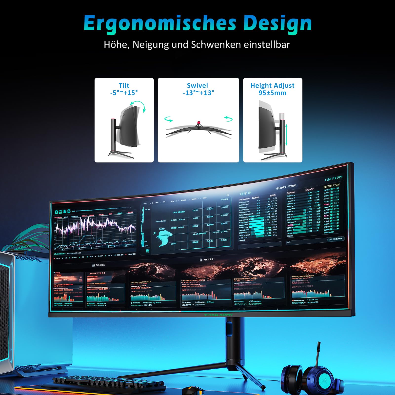 TITAN ARMY 49" Monitor Gaming Curvo, 144Hz, DFHD 3840 x 1080, UltraWide 1800R VA PC Monitor, 32:9, HDR400, G-Sync & FreeSync, 99% sRGB, Altavoz, Type-C 65W, HDMI, DP, RJ45, C49SHC