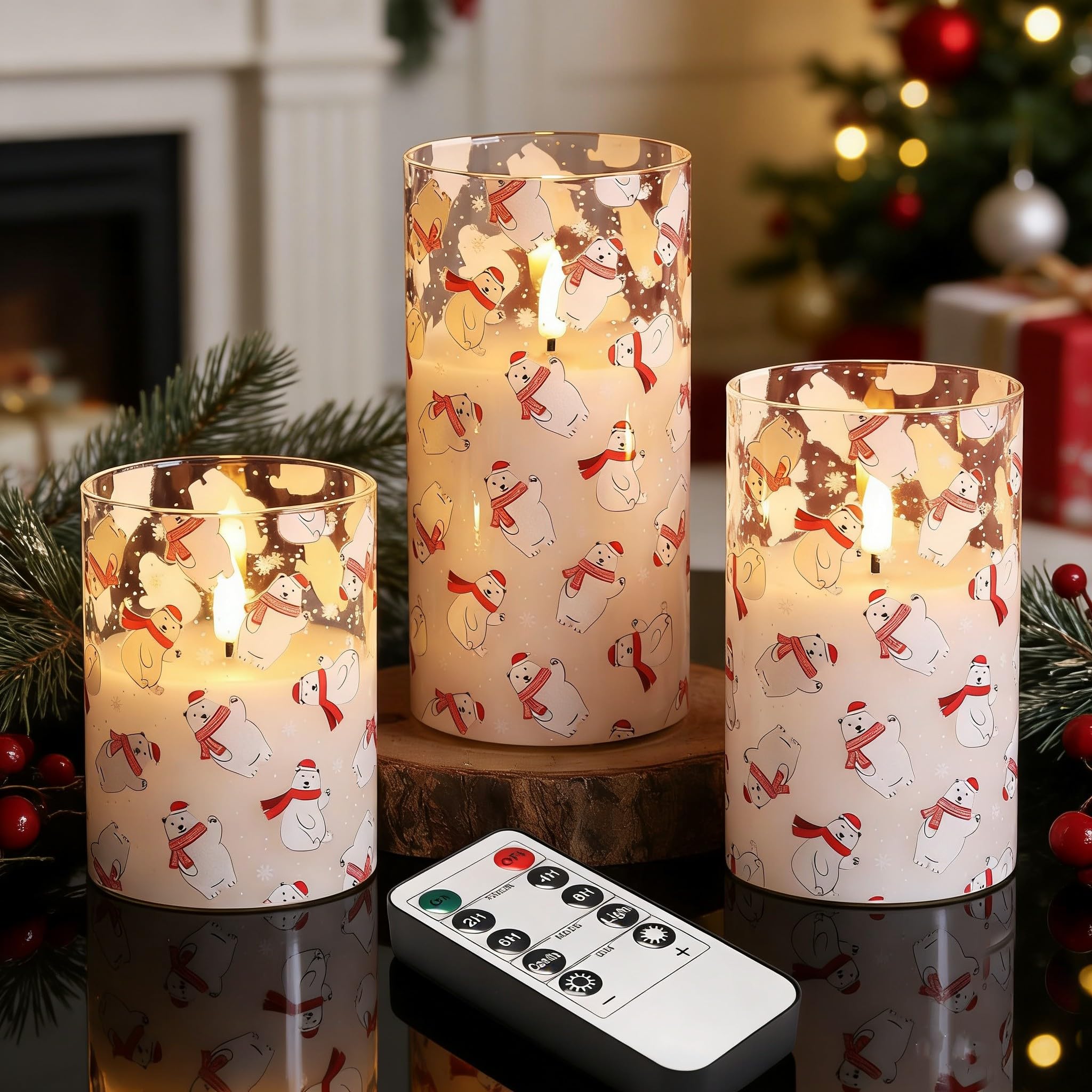 Eywamage Bear Christmas Glass Flameless Pillar Candles with Remote Set of 3