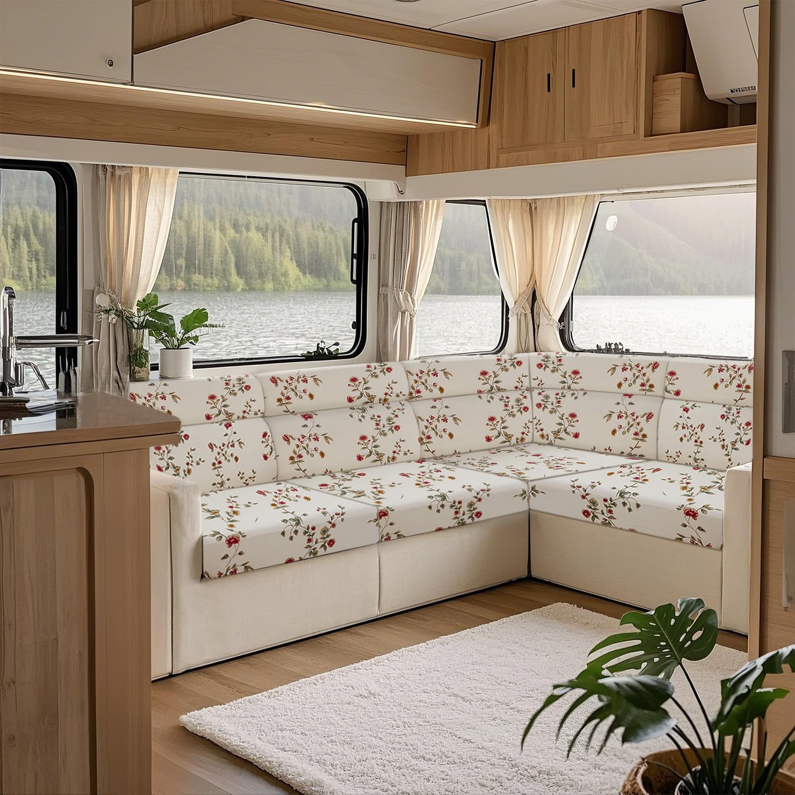 KYJSW Printed Sofa Seat Cushion Cover, Stretch Non Slip RV Dinette Cushion Covers With 2 Straps, For Couch/Caravan/Camper/Car/Bench (Beige,W 60-90cm, D 30-50cm)