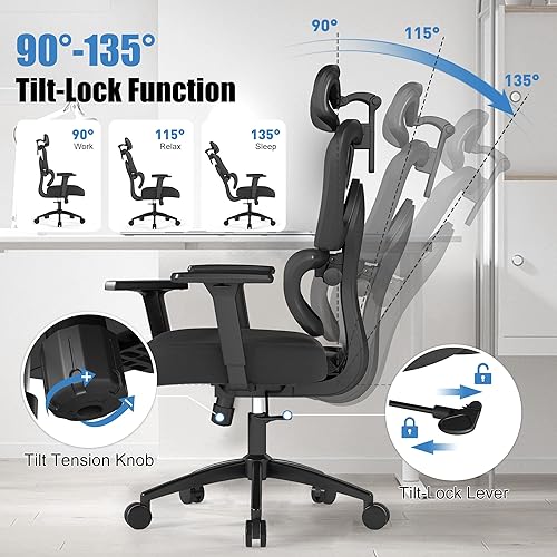 Miniatura 5 de Silla de oficina ergonómica con soporte lumbar ajustable, brazos y reposacabezas 3D, respaldo alto, silla de computadora de escritorio ancha con
