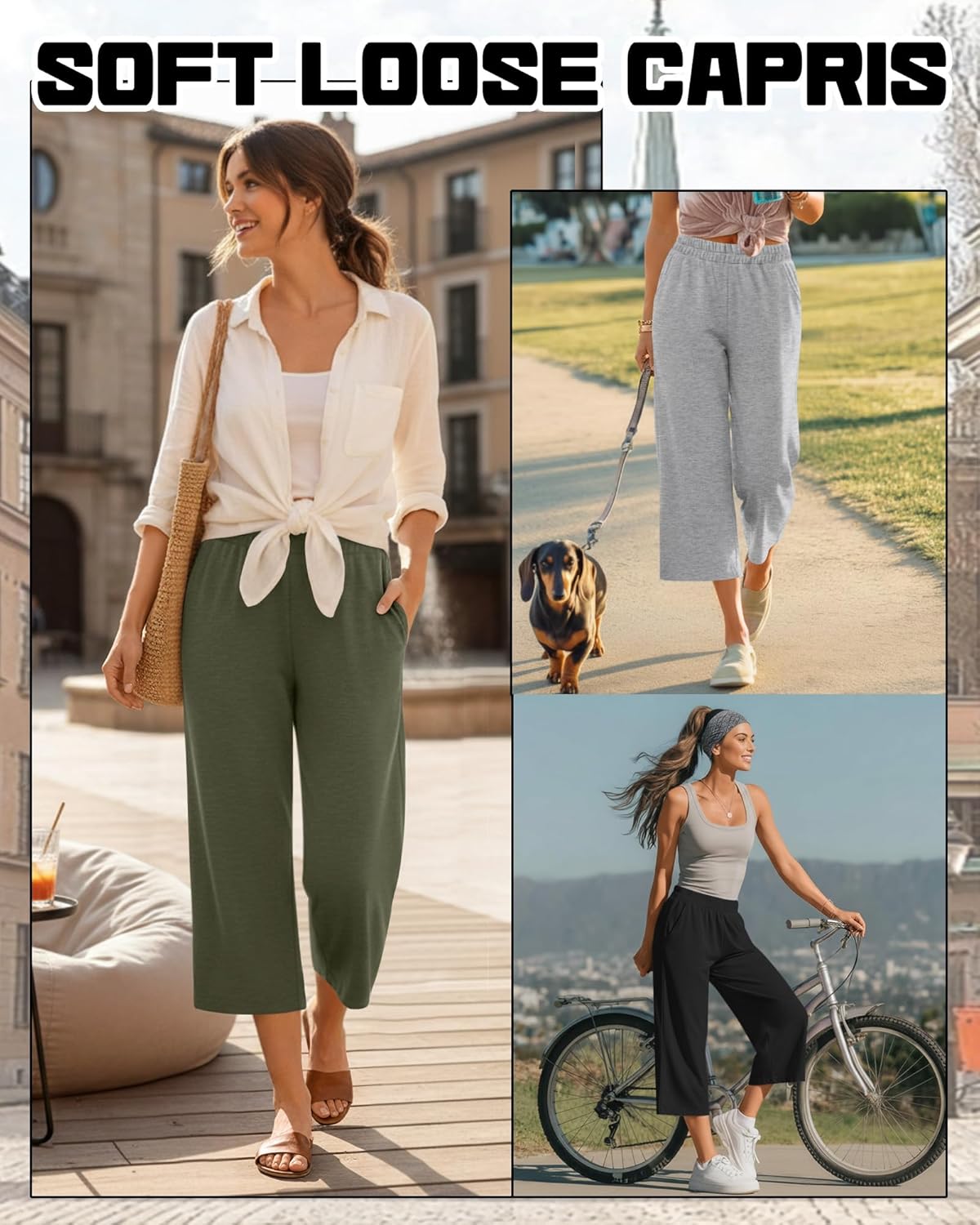 3 Pack Women's Wide Leg Capris Loose Cropped Yoga Pants Elastic Soft Sweatpants Capri Trousers with Pockets - Image 3