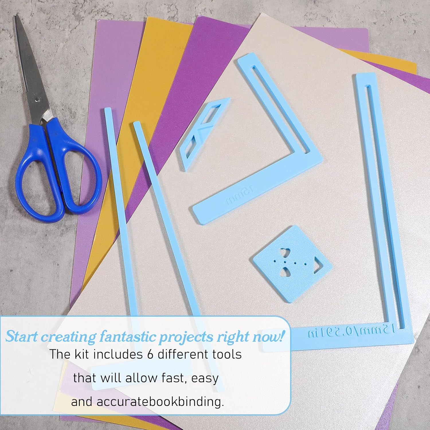 DOPENSPI 6 Pcs Bookbinding Tool Kit, Plastic Ruler Template Set Scrapbooking Supplies Includes T‑Ruler, Corner Miter, Spine Spacer, Divider,Shape Template for DIY Journal Notebook Making (Blue)