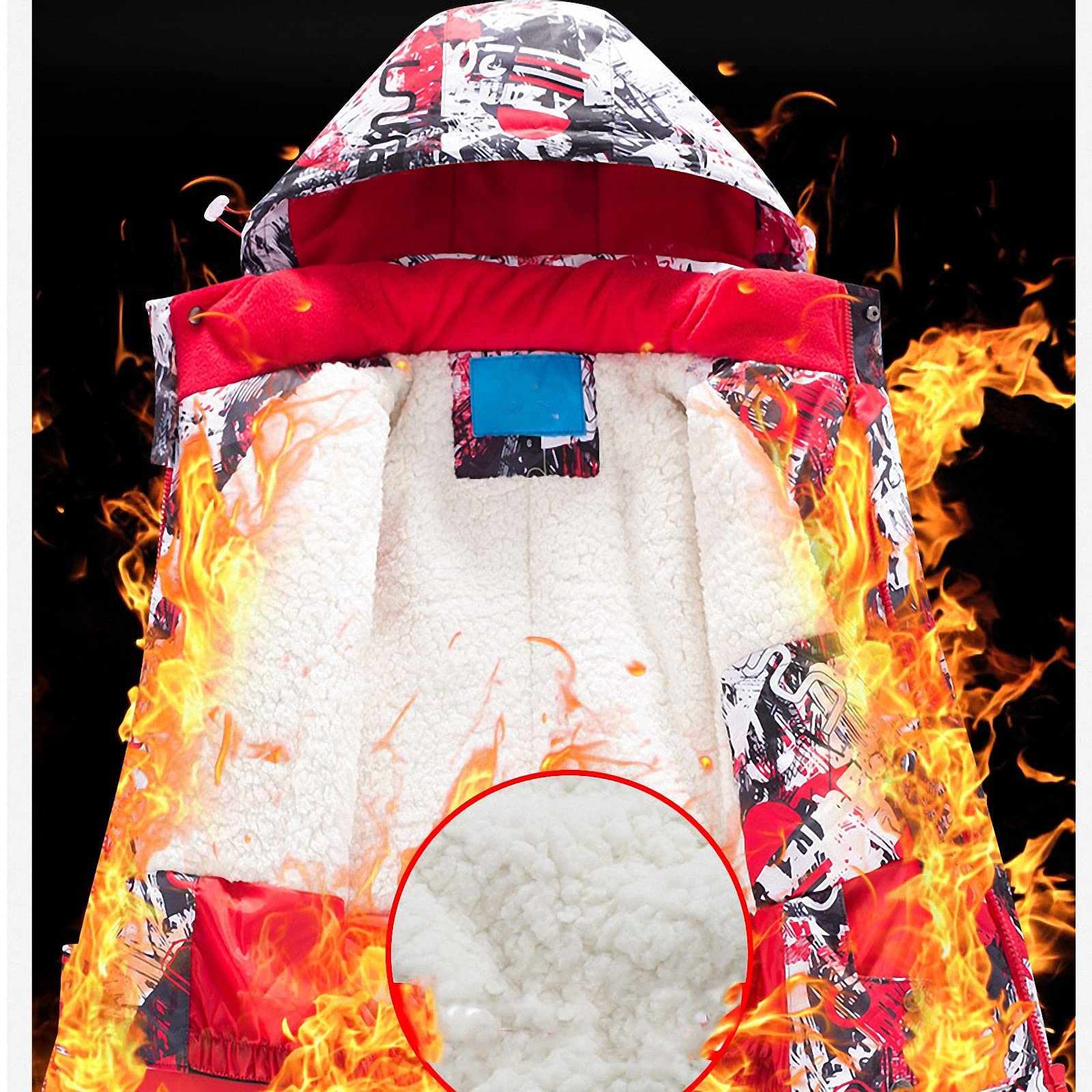 Skianzug Snowboard mit Kapuze+skioverallanzug,wasserfester und Warmer Kinder 2 teilig Skijacke Snowboarden für das Bergsteigen im freien,gefütterte Winterjacke aus Fleece,Red2,120