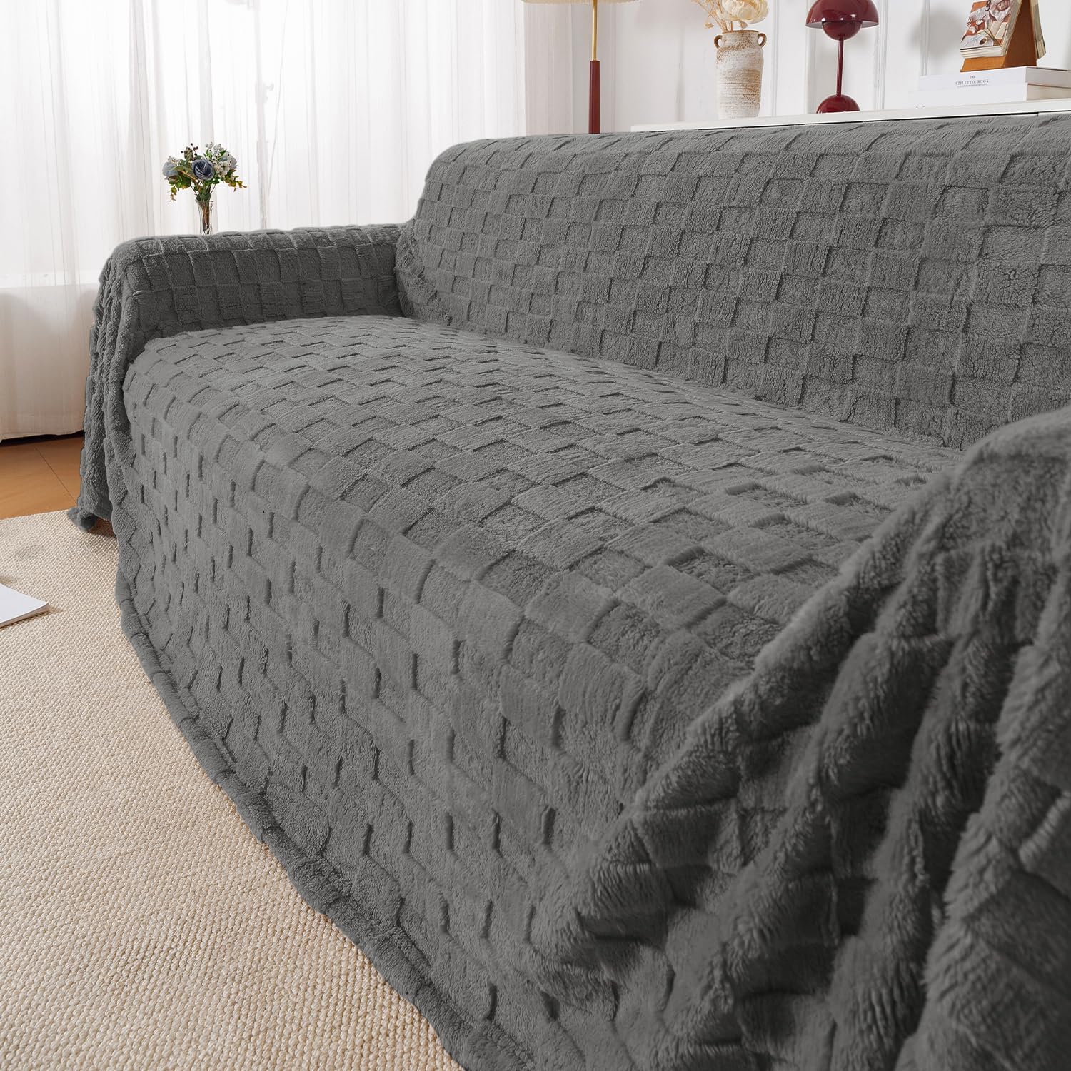 HOKIPO Luxury Plush Sofa Cover Throw for 3 Seater Sofa | Soft Sofa Throw for Complete Sofa Protection, 'PlushGrid Series' Shadow Grey (180x310 cm) (IN-1036-DGRY)-image-30