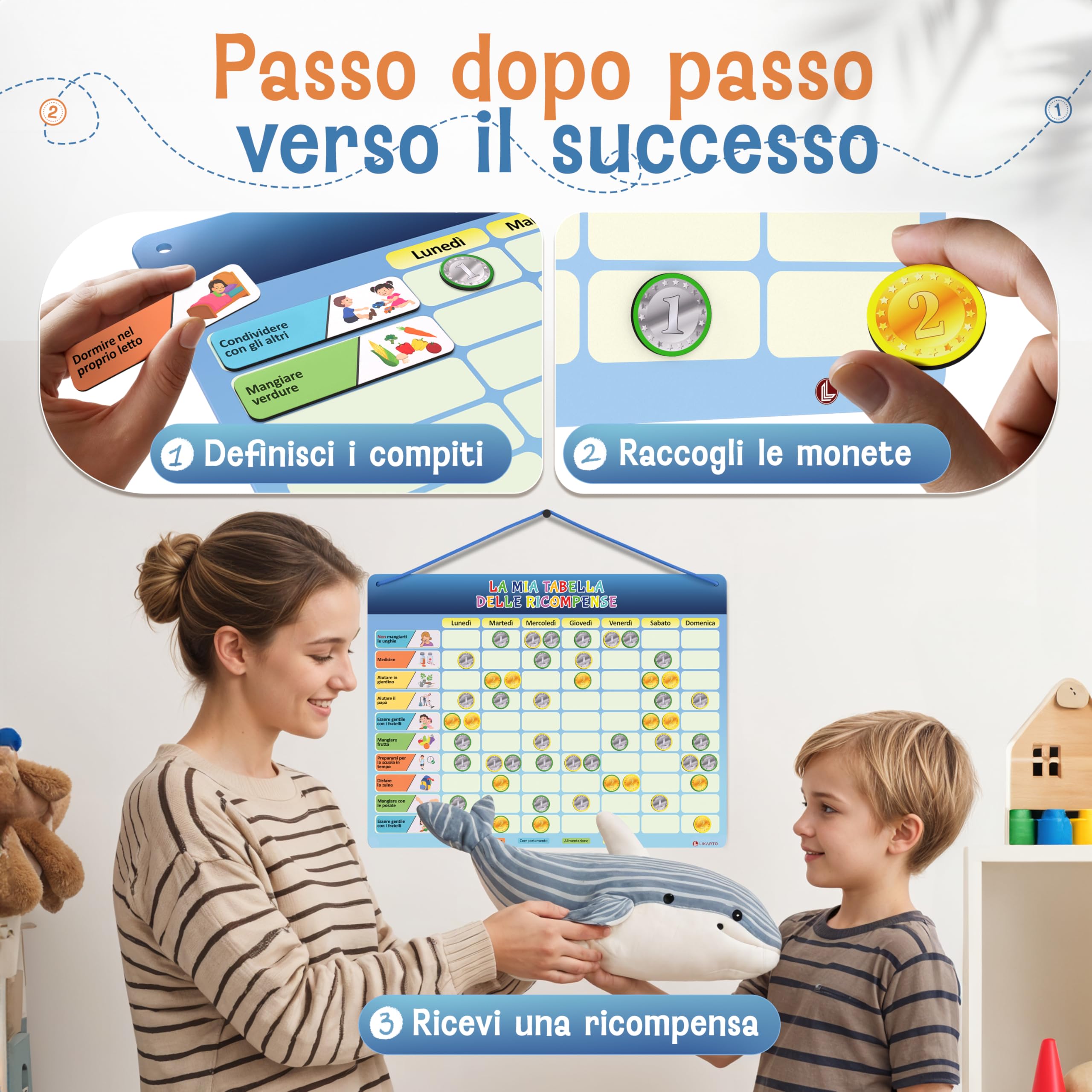 LIKARTO® Tabella delle ricompense per bambini - incl. 280 magneti - Sistema di ricompense per bambini, agenda dei compiti Montessori, indipendenza ludica, tabella magnetica, tabellone dei premi