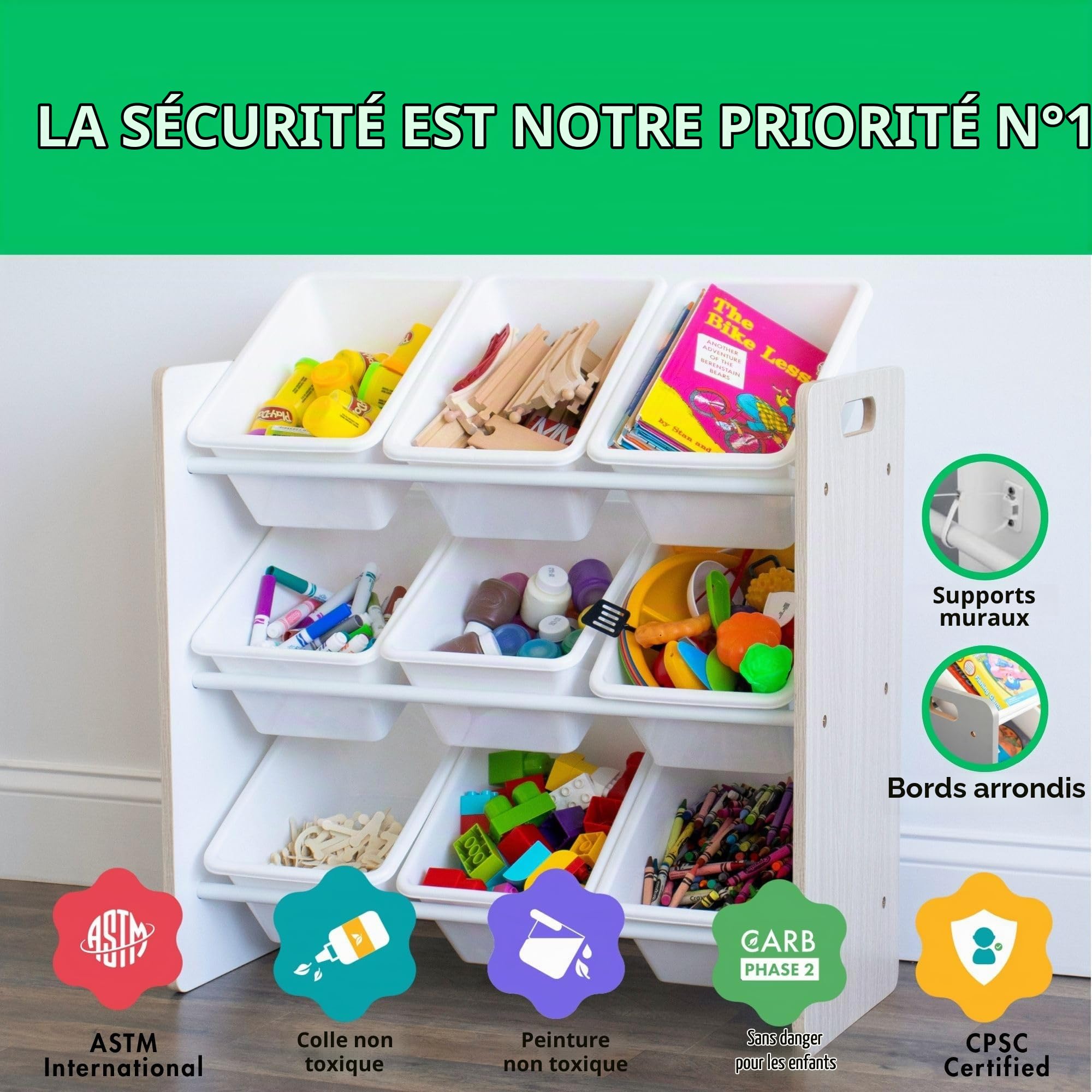 Humble Crew Étagère pour Enfants, Étagère et Organisateur de Jouets avec 9 boîtes de Rangement, chêne délavé/Blanc