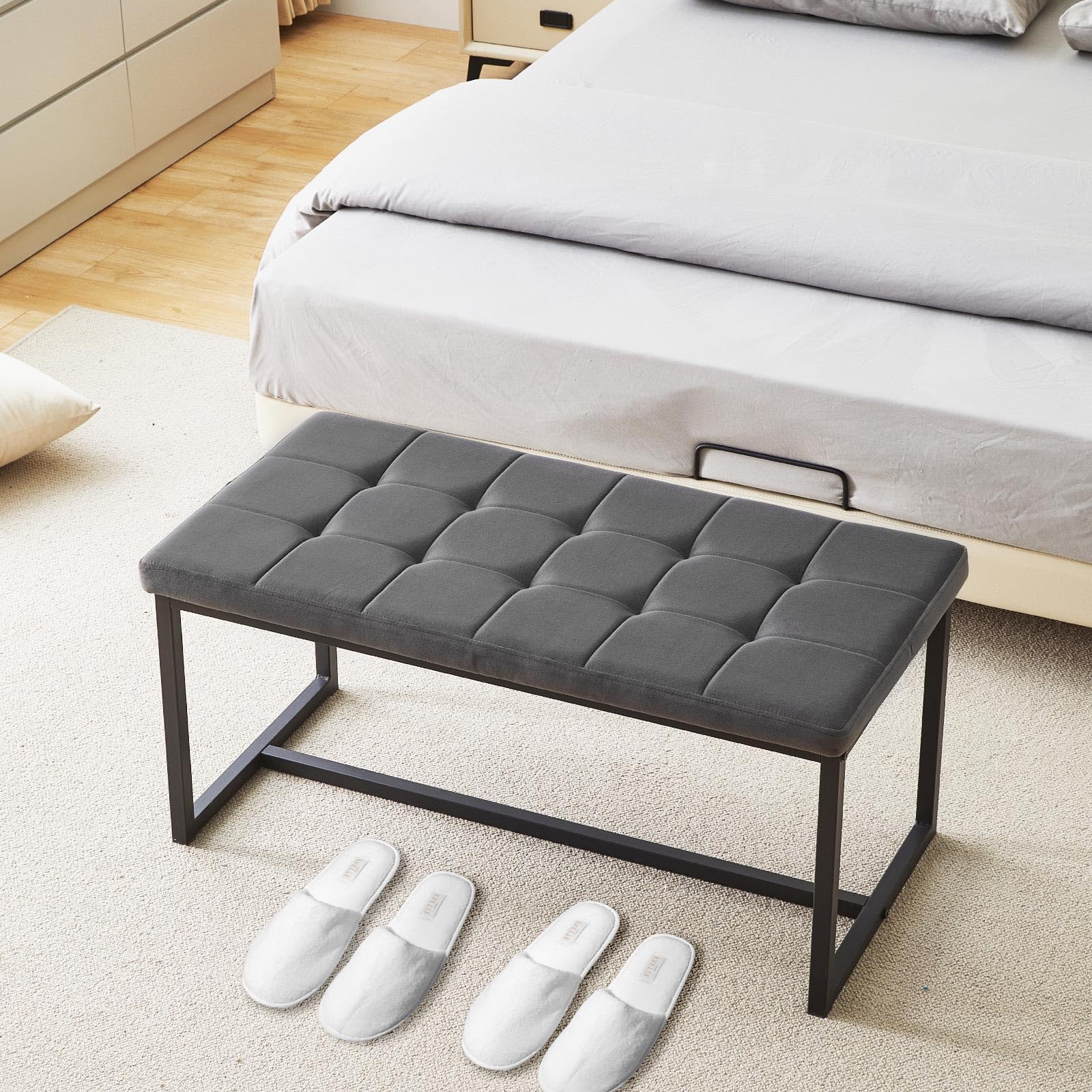 CLIPOP 1PC Dining Room Bench Seat Velvet Padded Cushioned Hallway Benches with Metal Frame Lounge Long Dinner Stool for Kitchen Bedroom Living Room Hallway (grey)