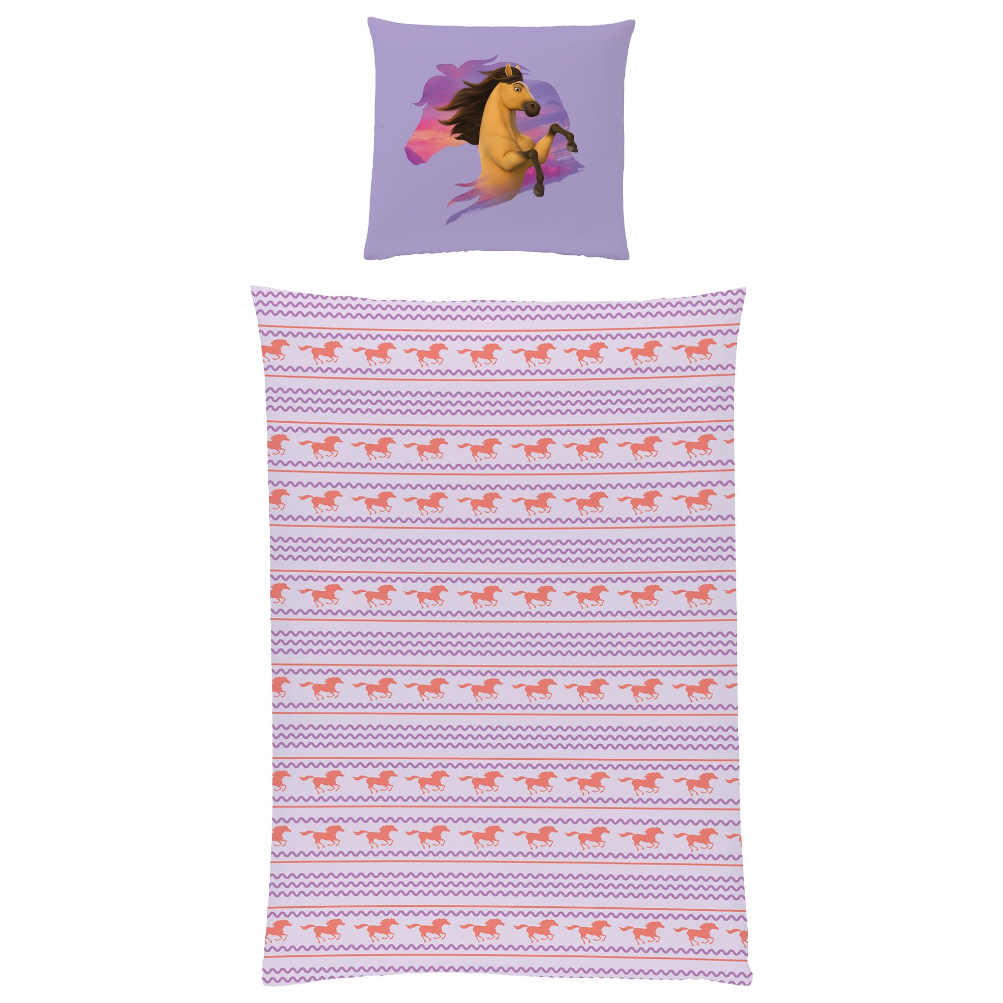 BERONAGE Spirit Untamed Kinder-Bettwäsche Stay Wild 135 x 200 + 80 x 80 cm 100% Baumwolle Biber-Flanell-Qualität Lucky Wildpferd Mädchen Girl Pferde-Bettwäsche mit Reißverschluss Deutsche Größe