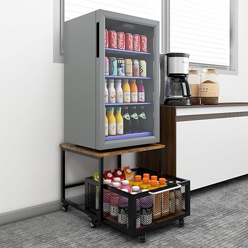 PUNCIA Soporte para refrigerador con almacenamiento y ruedas, mini mesa de nevera rodante para café, unidad organizadora de dormitorio portátil para