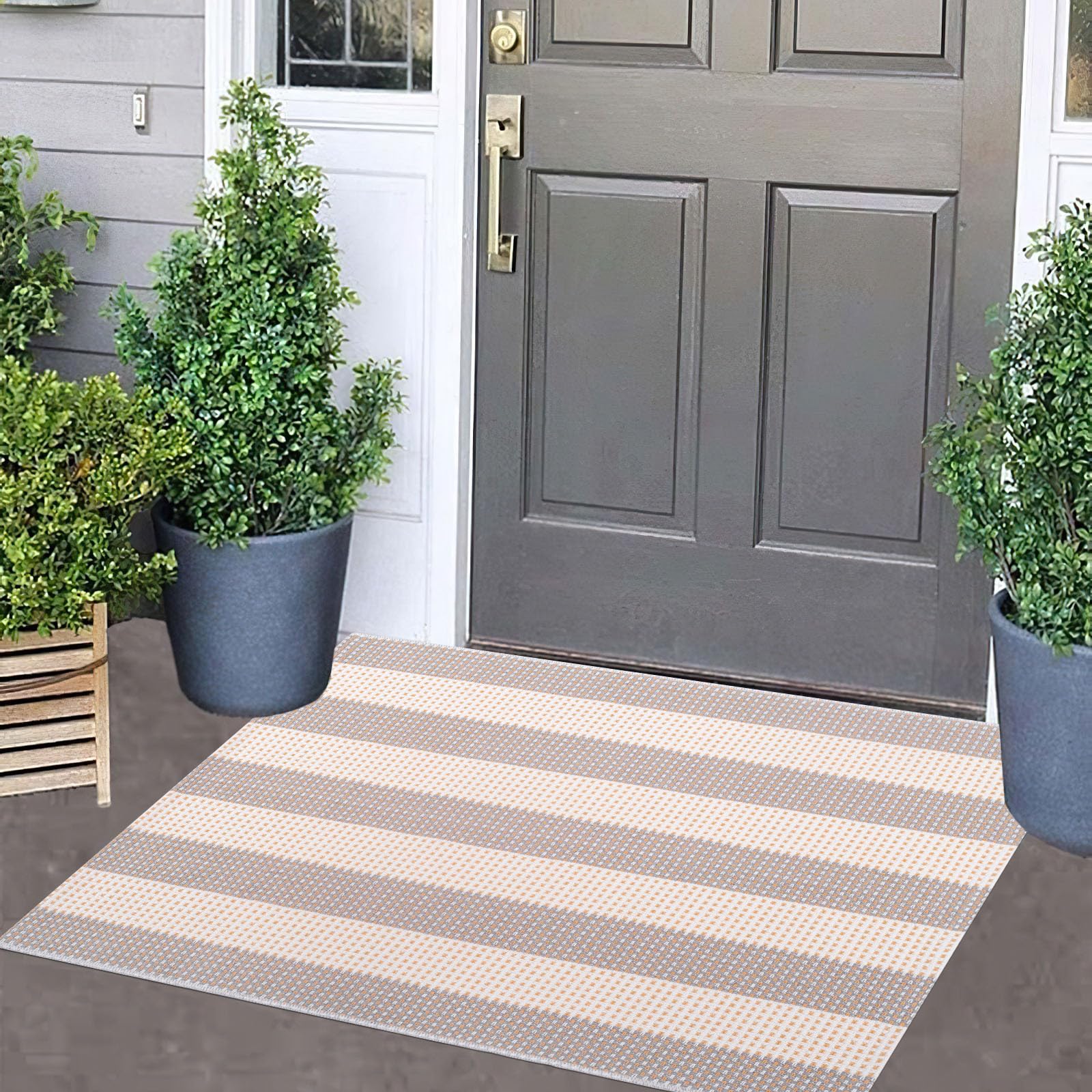 Tapis d'entrée extérieur 60 x 90 cm, rayé Gris et Blanc, Lavable en Machine