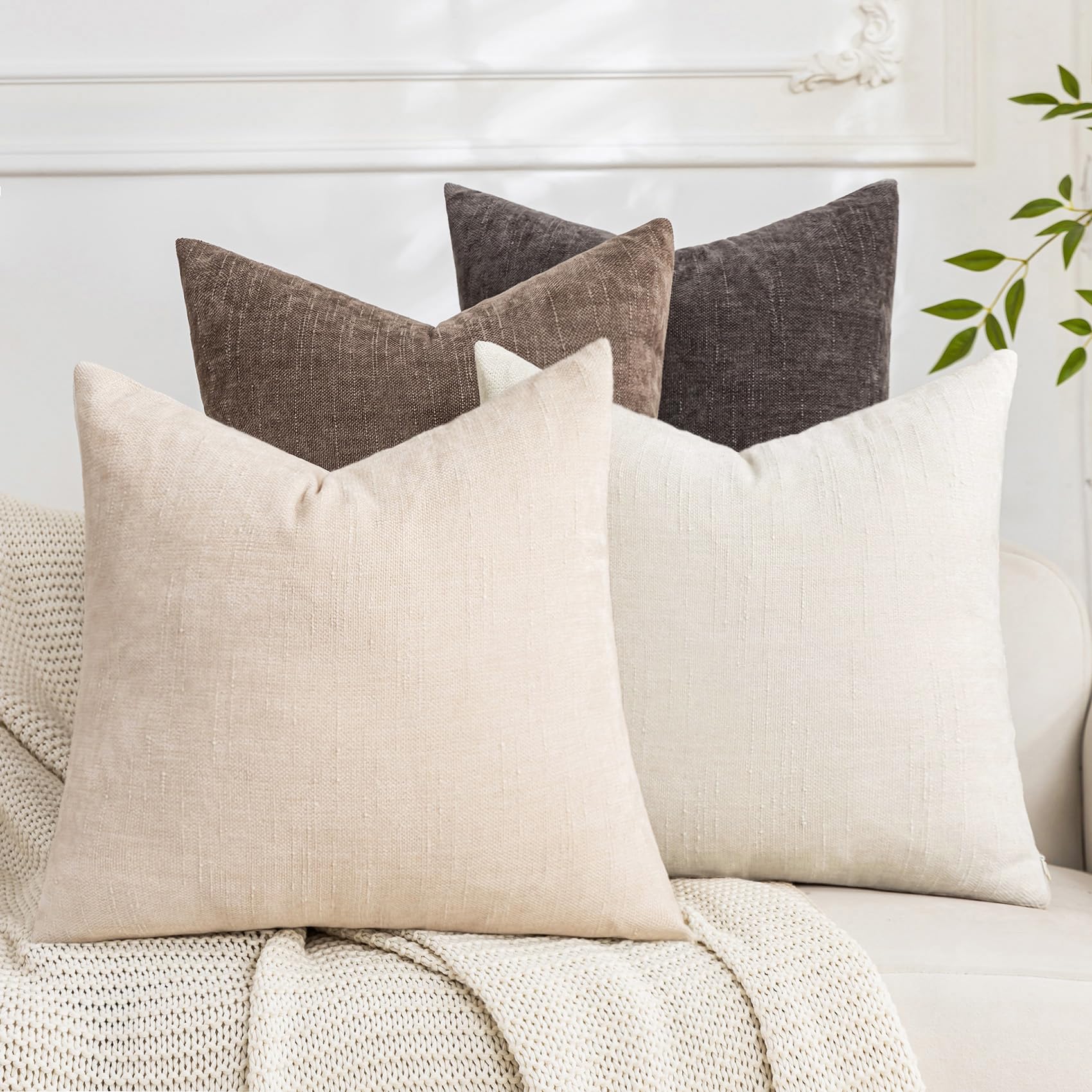Photo 1 of Cozoomy Set of 4 Soft Textured Decorative Throw Pillow Covers 22x22 Inch Cozy Farmhouse Cushion Cover Square Accent Pillow Cases for Bed Couch Sofa Living Room, Neutral