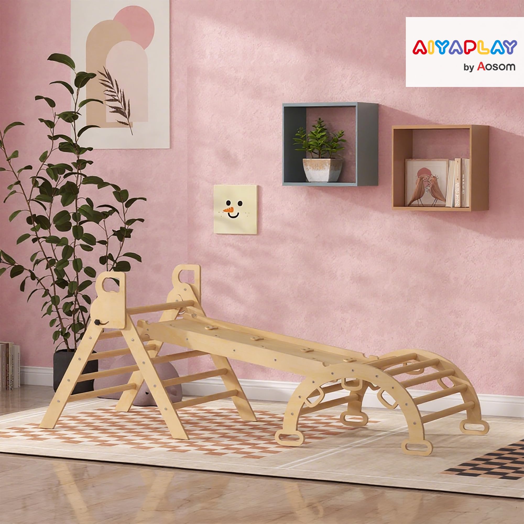 AIYAPLAY Triangle Arche d'escalade Enfants 5 en 1 50 kg Effet Bois Naturel | Avec Triangle d'Escalade, Rampe Réversible, Toboggan, Bascule, pour Bébé 18-48 Mois, Parcours Motricité Bébé