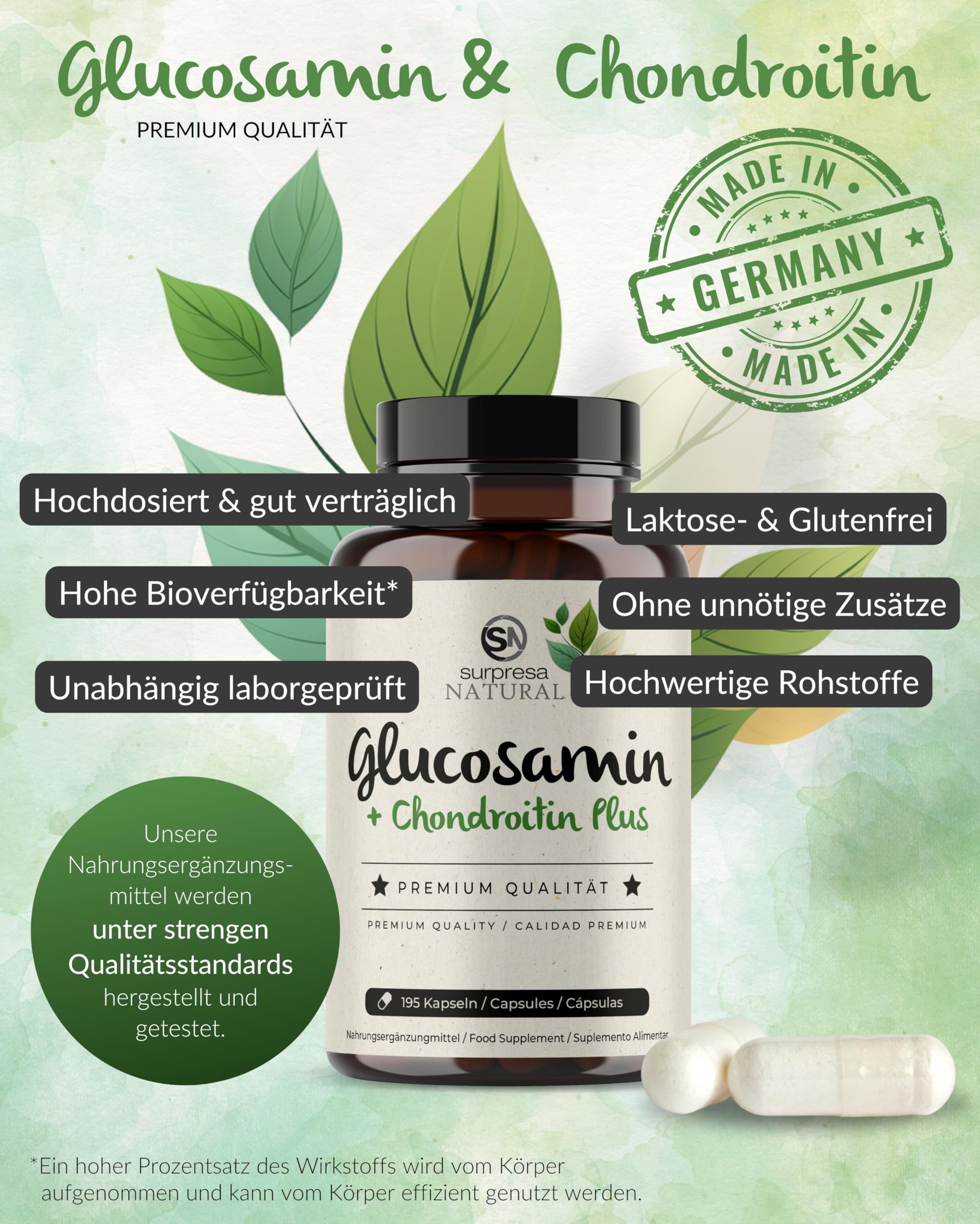 Glucosamin-Chondroitin-Kapseln hochdosiert I 1 x 195 Kapseln I 1500 mg Glucosamin & 1200 mg Chondroitin pro Tagesdosis I Nahrungsergänzungsmittel ohne Zusatzstoffe & laborgeprüft