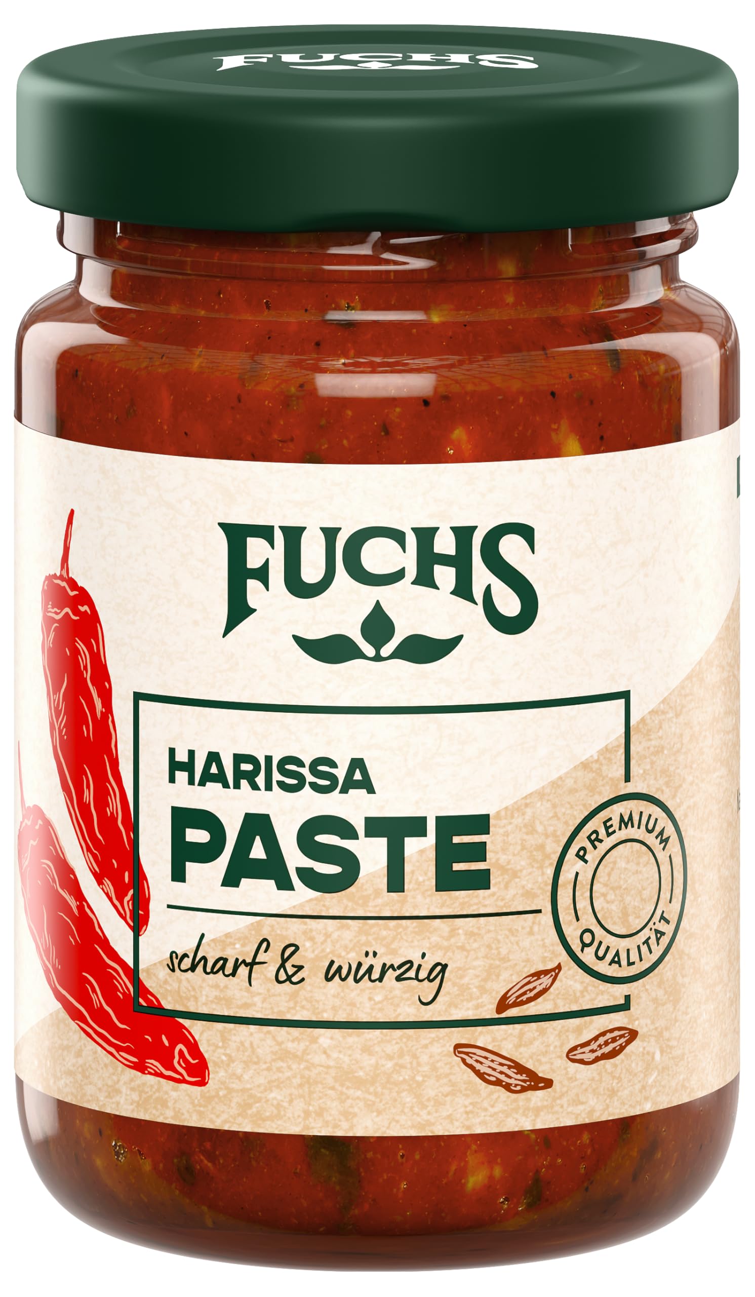 Fuchs Gewürze - Harissa Paste | Scharf-würzige Würzpaste mit natürlichen Zutaten, mit 24,5% Chilis | Ideal zu Couscous und Suppen | 100 g in wiederverschließbarem Glas