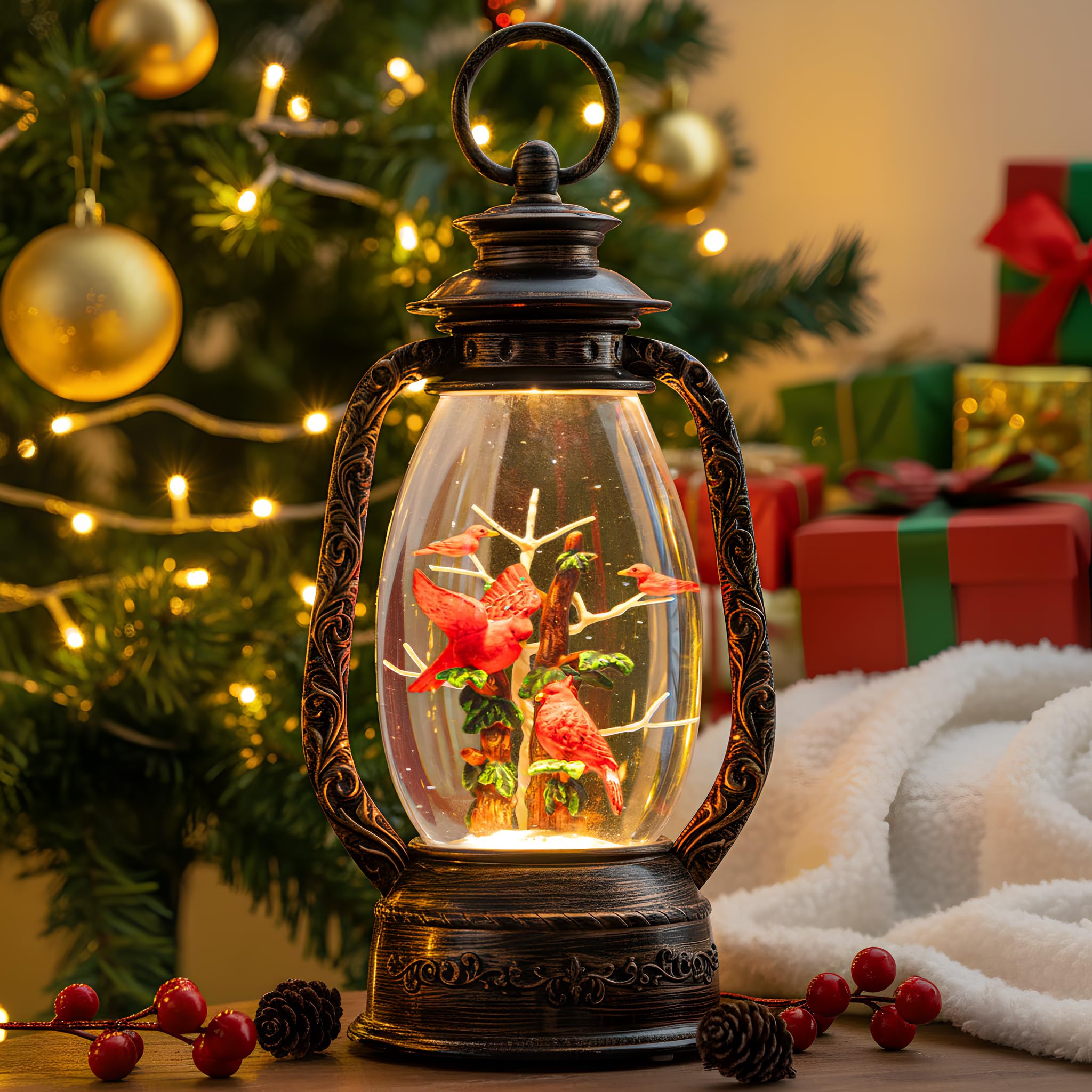 Lanterna natalizia a forma di globo di neve, 30,5 cm, cardinali con musica e timer, con cavo USB, alimentata a batteria, lanterna illuminata per feste di Natale, decorazioni e regali