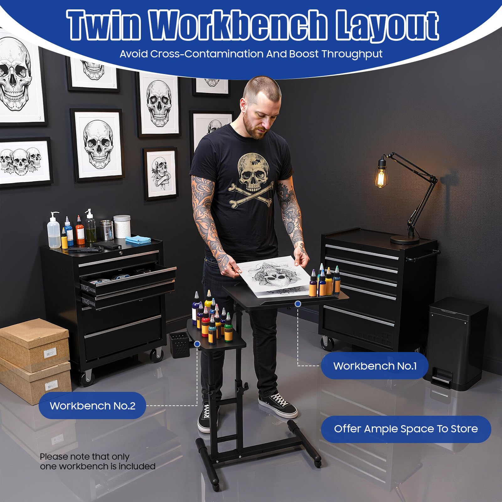 Poste de Travail Tatouage, Table de Tatouage Réglable Roues Double