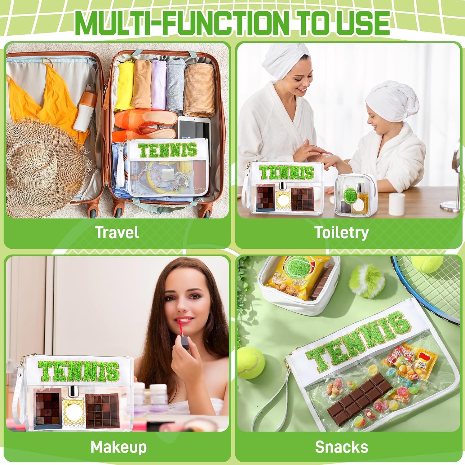 3 Pcs Tennis Gifts Makeup Cosmetic Bag with Chenille Letter Patch Clear Toiletry Pouch Waterproof PVC Organizer Purse with Fluffy Tennis Ball Keychain Accessories for Women(Green) - Image 6