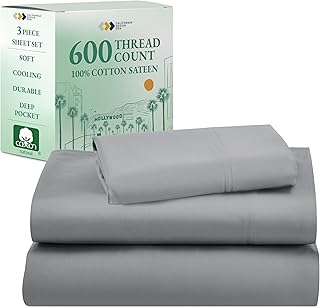 California Design Den Luxury Twin XL Sheet Set - 100% Cotton, 600 Thread Count Deep Pocket XL Twin Sheets, Hotel-Quality Bedding with Soft Sateen, Dorm Essentials for Guys - Mist Grey