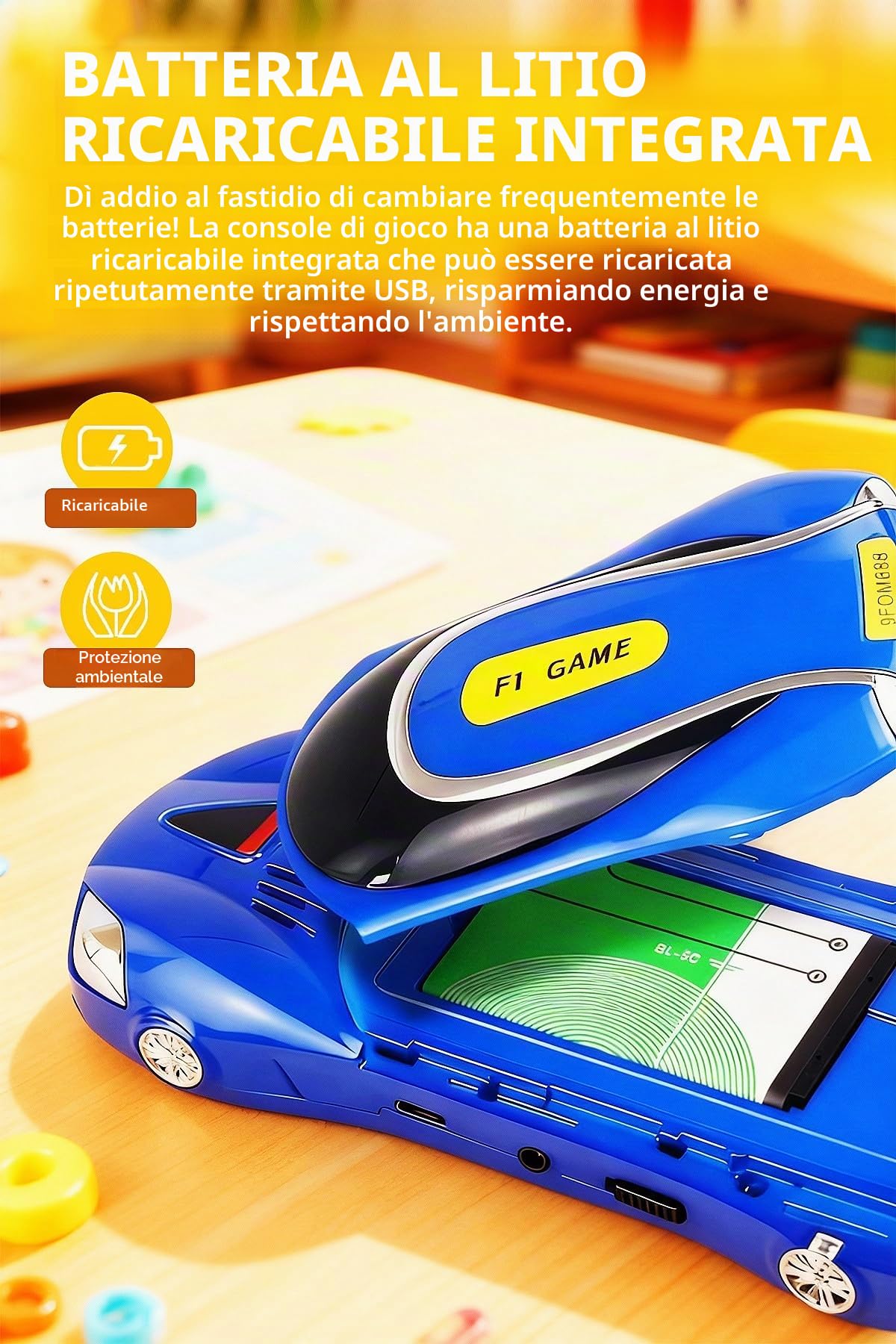 HLF Console di Gioco per Bambini 3 Pollici Design da Auto Sportiva 250 Giochi 64bit Collegabile alla TV Videogiochi Portatili Interni/Esterni/da Viaggio Regalo per Compleanno/Vacanze/Natale