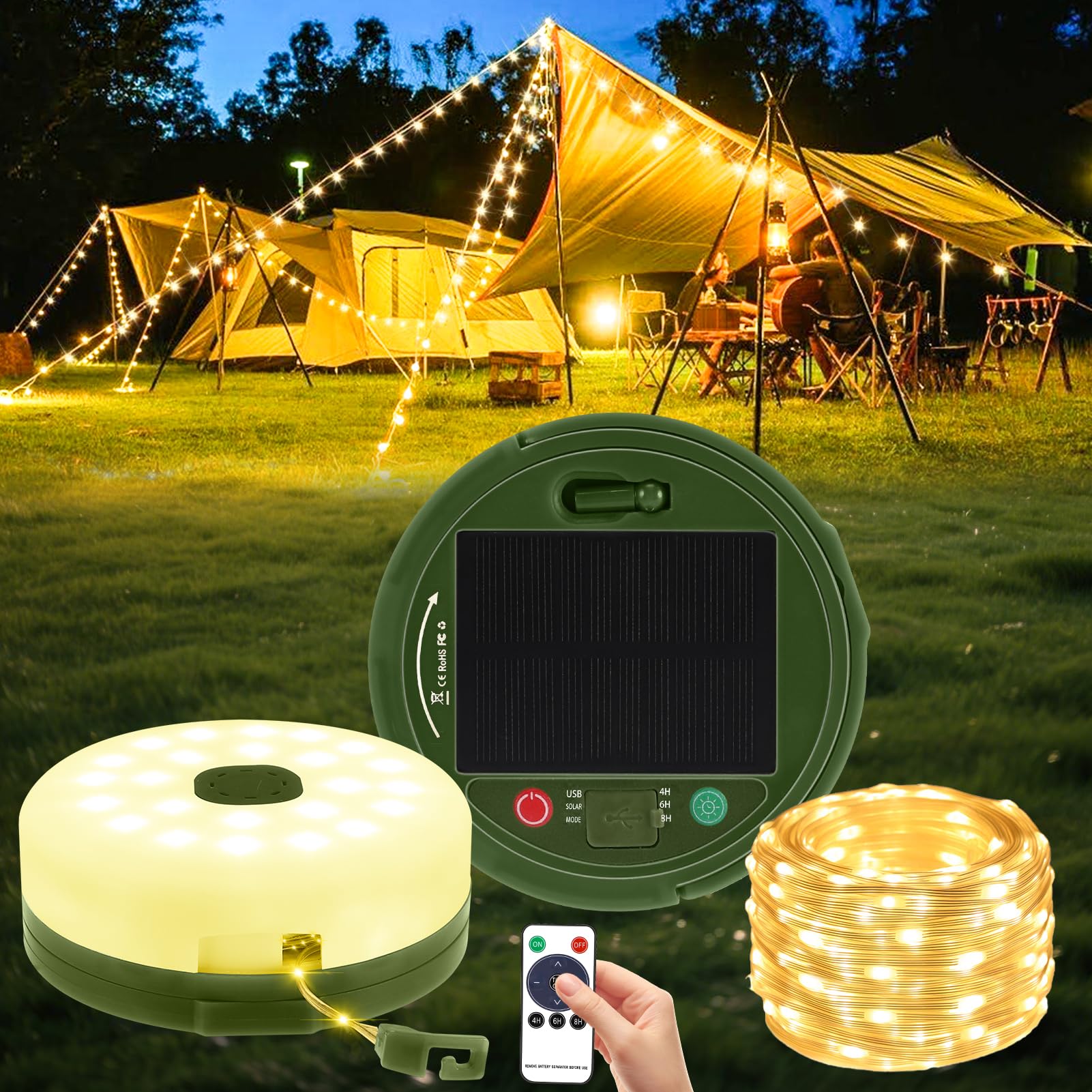 Sprifityy 10M Camping Lichterkette Aufrollbar, Solar und USB Aufladung LED Lichterkette mit 8 Beleuchtungsmodi, Fernbedienung, Wasserdicht Outdoor Campinglampe für Zelt, Hof Dekoration, Party, Wandern