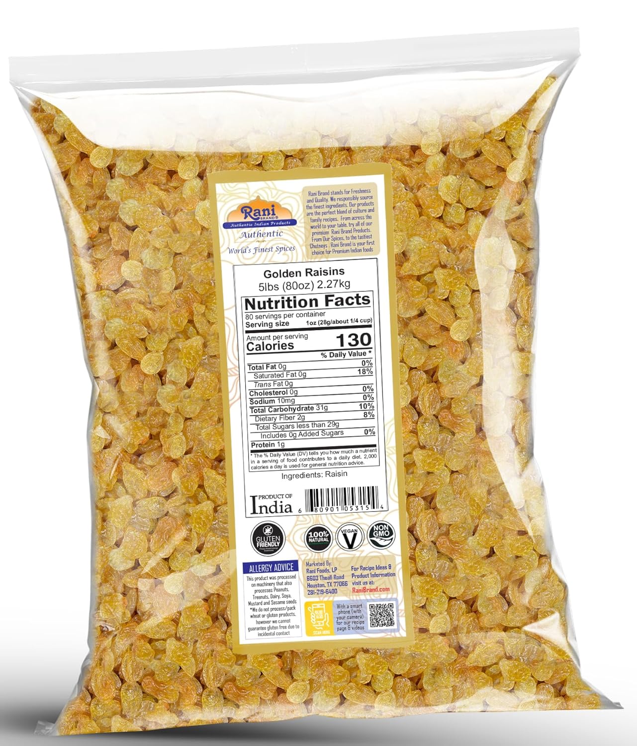 Rani Golden Raisins 80oz (5lbs) 2.27kg Bulk ~ All Natural | Gluten Friendly | NON-GMO | Kosher | Vegan | Product of USA
