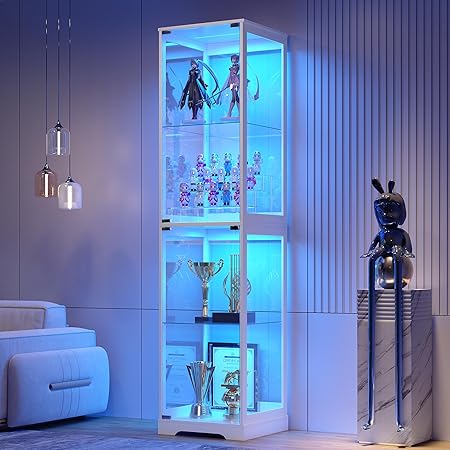 Glass Display Cabinet with Doors, 65" Tall 4-Tier Curio Display Case with 3 Color Lights and Human Body Sensor, Bookcase for Collectibles, White