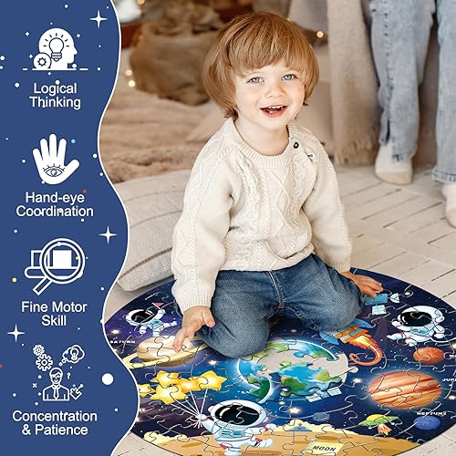 Miniatura 5 de Rompecabezas redondo del sistema solar, rompecabezas de suelo para niños, rompecabezas grande de 70 piezas de planetas espaciales para niños de 3 a