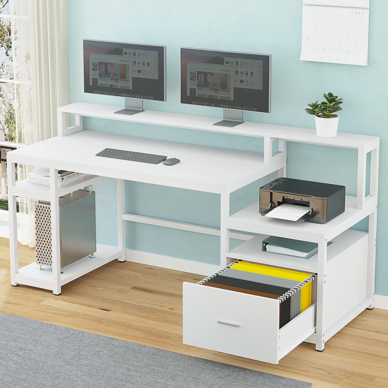 SEDETA Computer Desk with File Cabinet Drawer and Storage Shelves, 66'' Large Home Office Desk with Hutch and Printer Shelf, Computer Table Study Writing Desk Workstation with Monitor Shelf, White