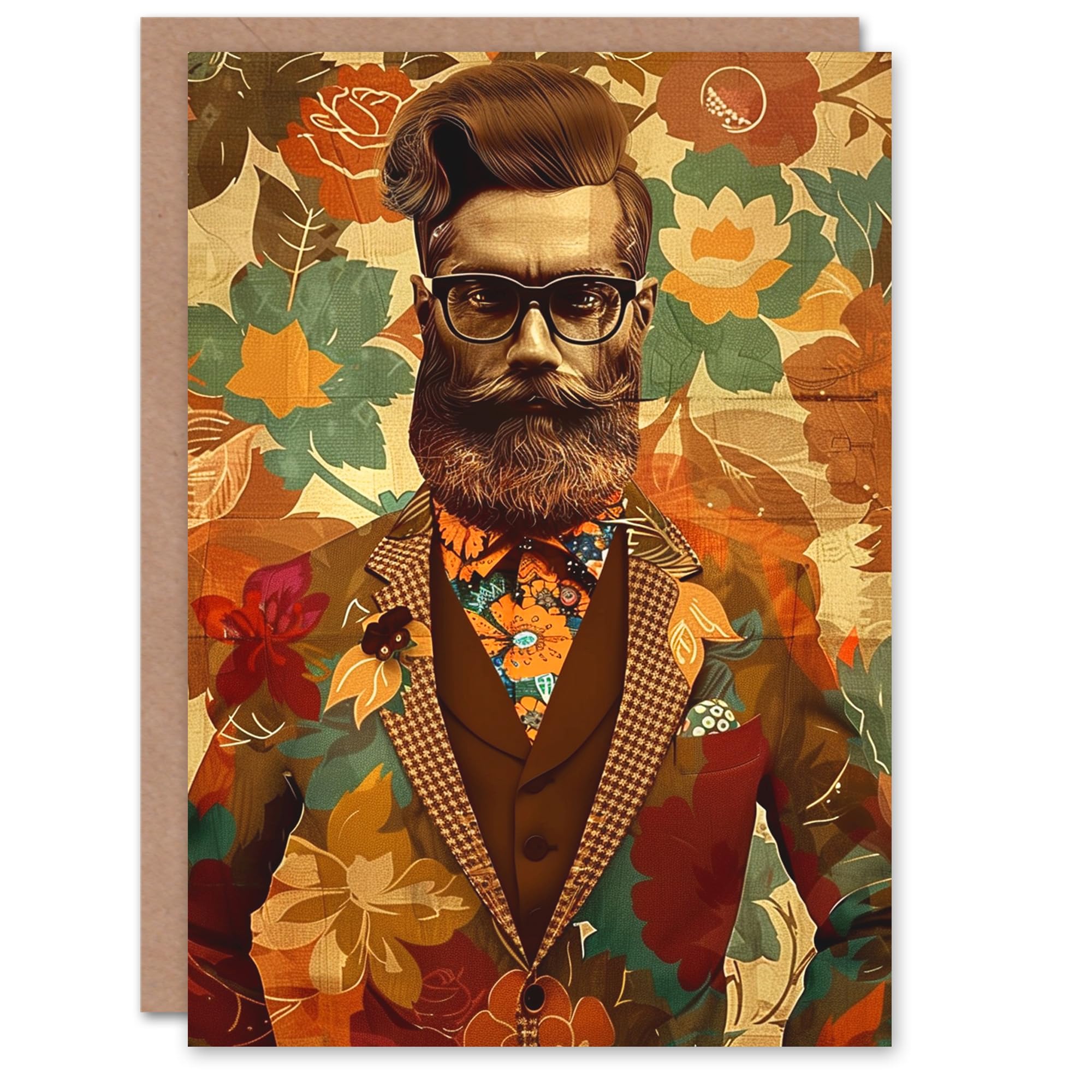 Artery8 Dapper Hipster Man Floral Portrait Collage For Her Woman Birthday Card