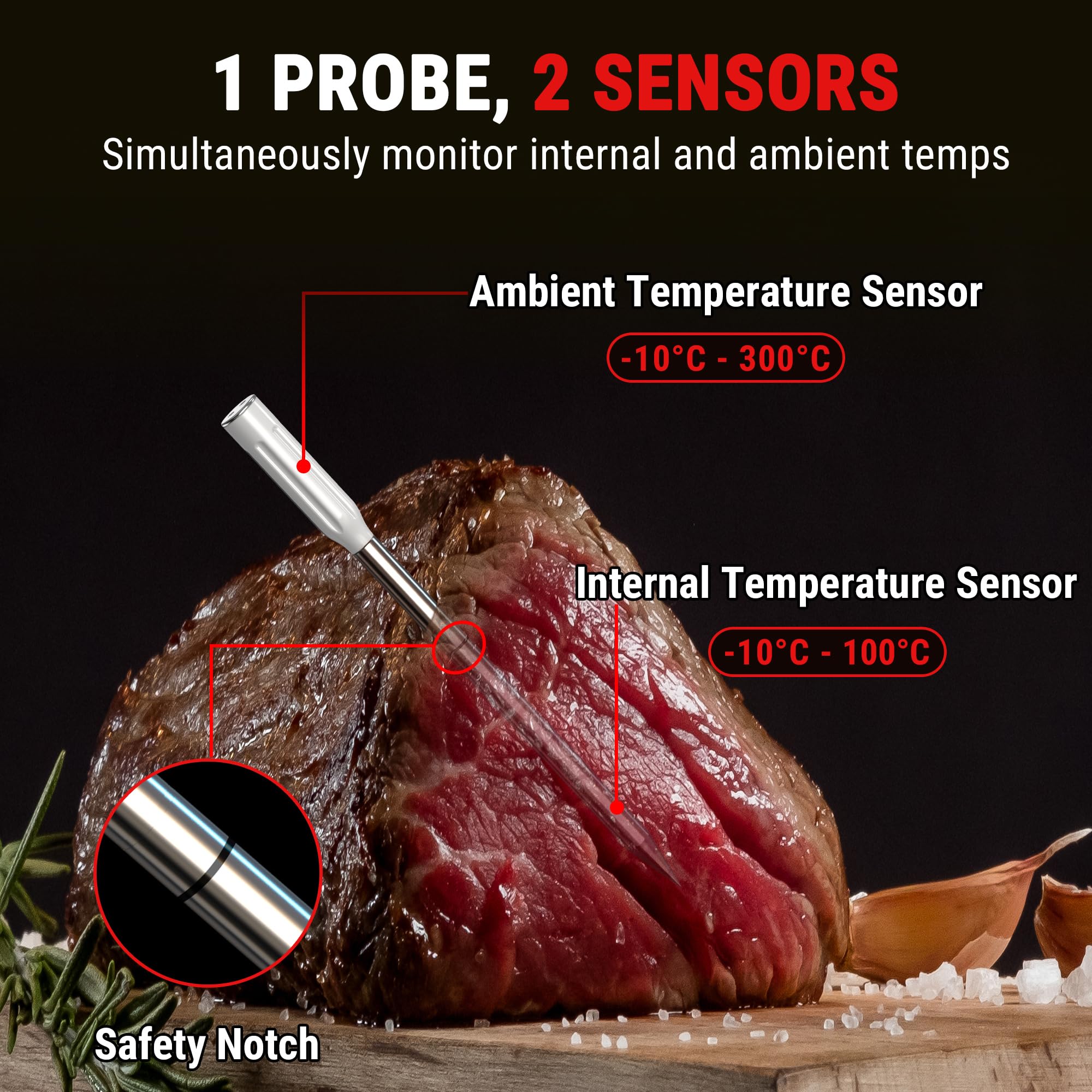 ThermoPro TempPro TempSpike bezprzewodowy termometr do mięsa, Bluetooth, IP67, miernik temperatury rdzenia, TP961, 150 m, do piekarnika, grilla, rożna, bezpieczny w zmywarce