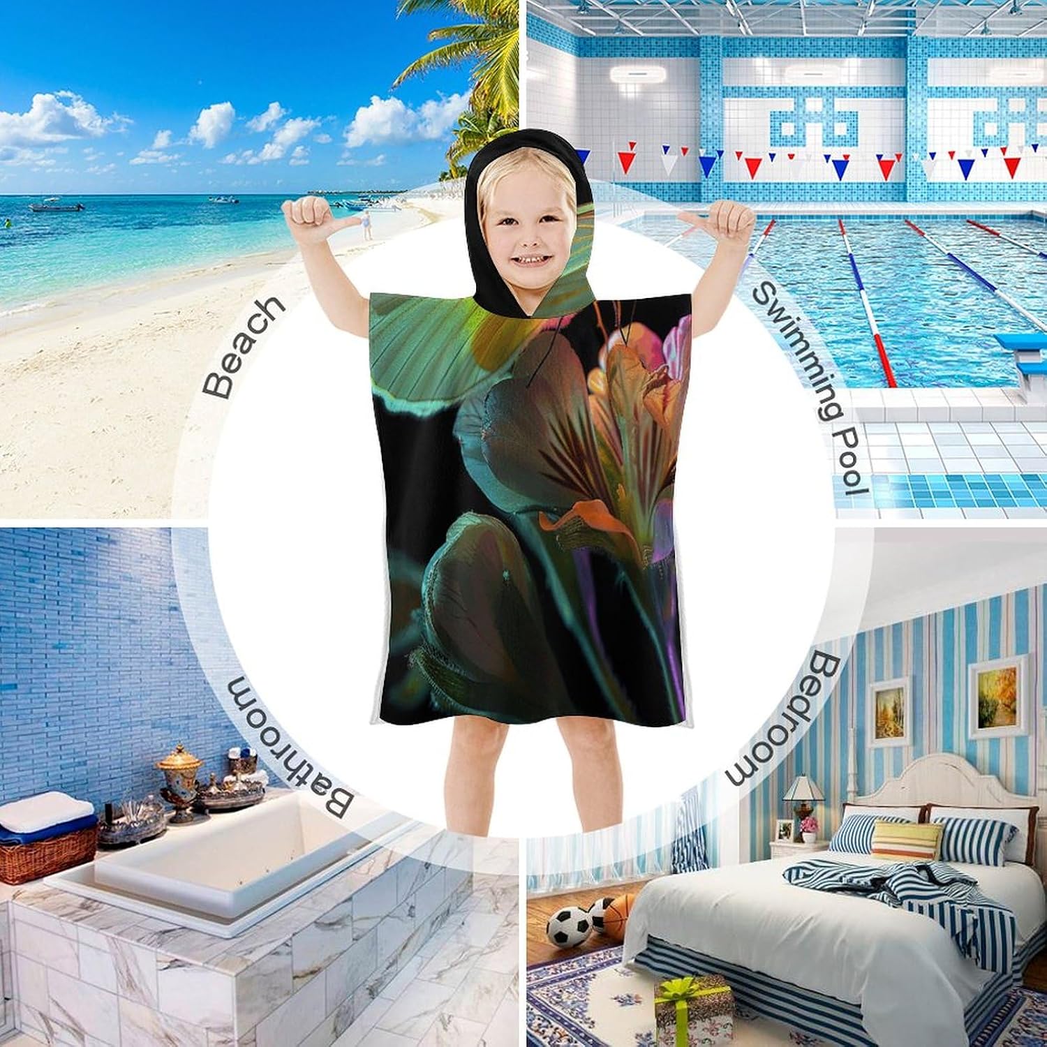 Kids Bath Towel Kids Hooded Beach Towel Kids Pool Towel Butterfly on Flower Printed Kids Beach Towel for Boys Girls Soft Absorbent Quick Dry Beach Swim Pool Towel